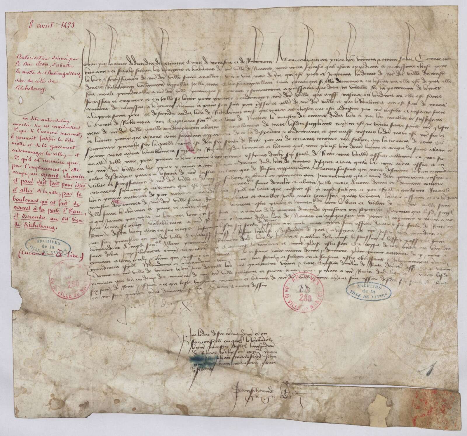 Document ordonnant la destruction de la motte du Château-Gaillard