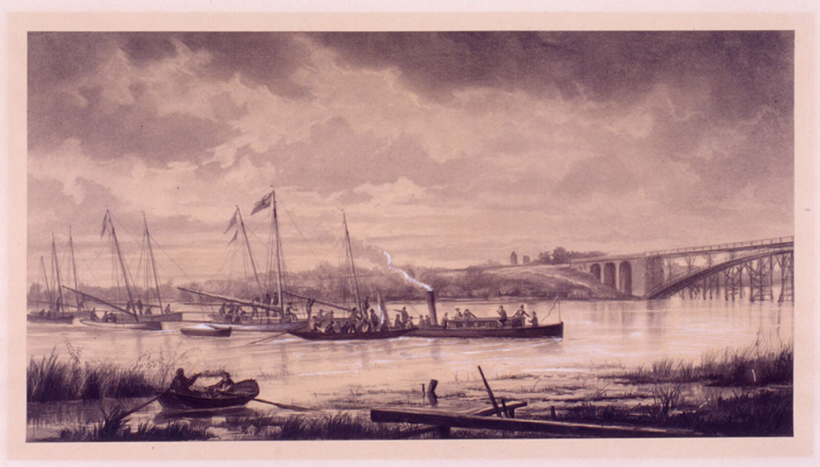 Fusain rehaussé de gouache, Retour de régates sur l'Erdre