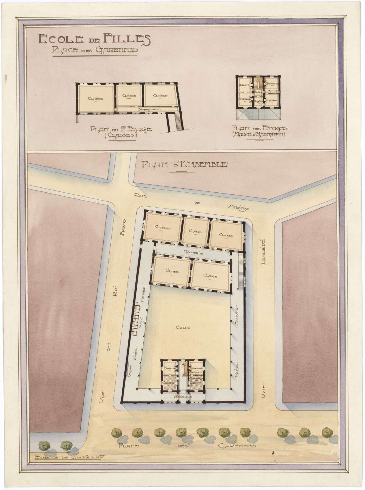 Plan des étages de l’école de filles des Garennes sur le plan d’ensemble