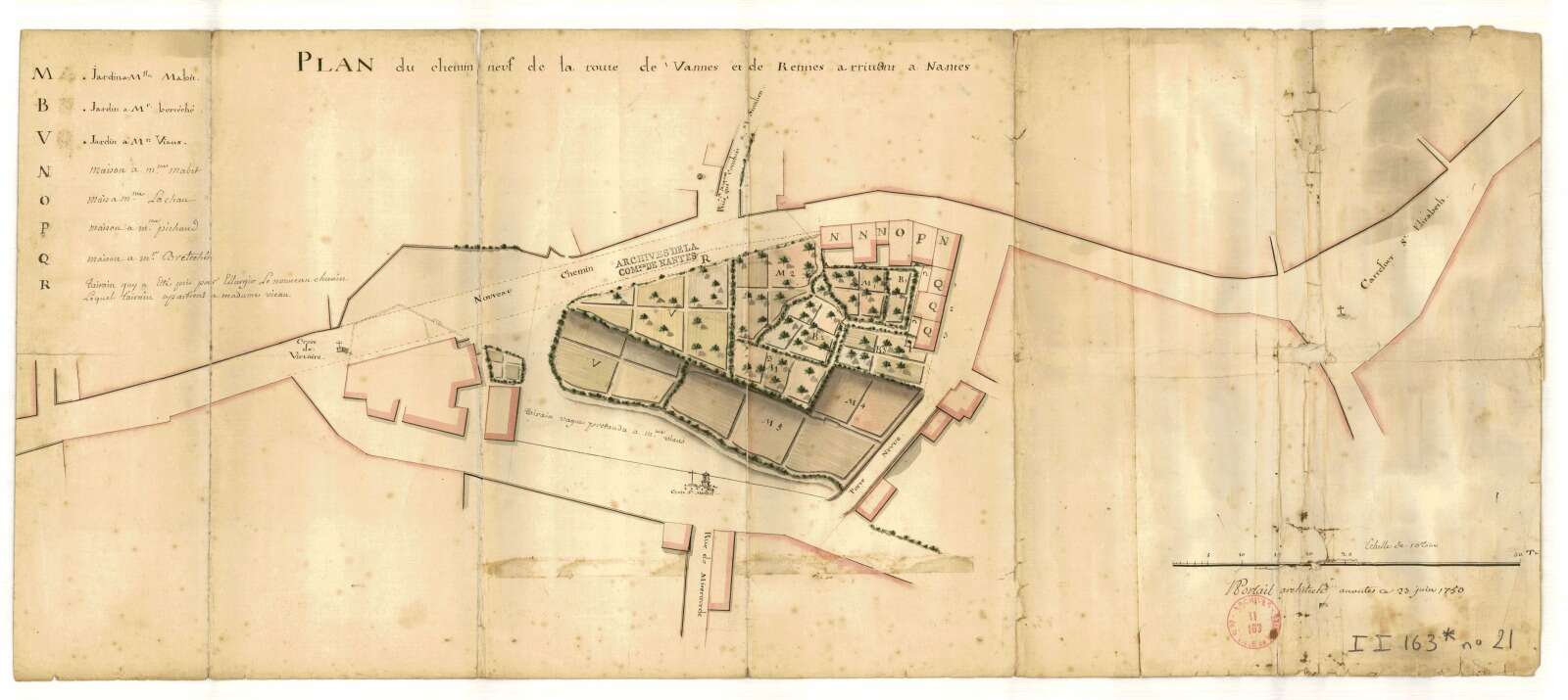 Plan du chemin neuf de la route de Vannes et de Rennes arrivant à Nantes