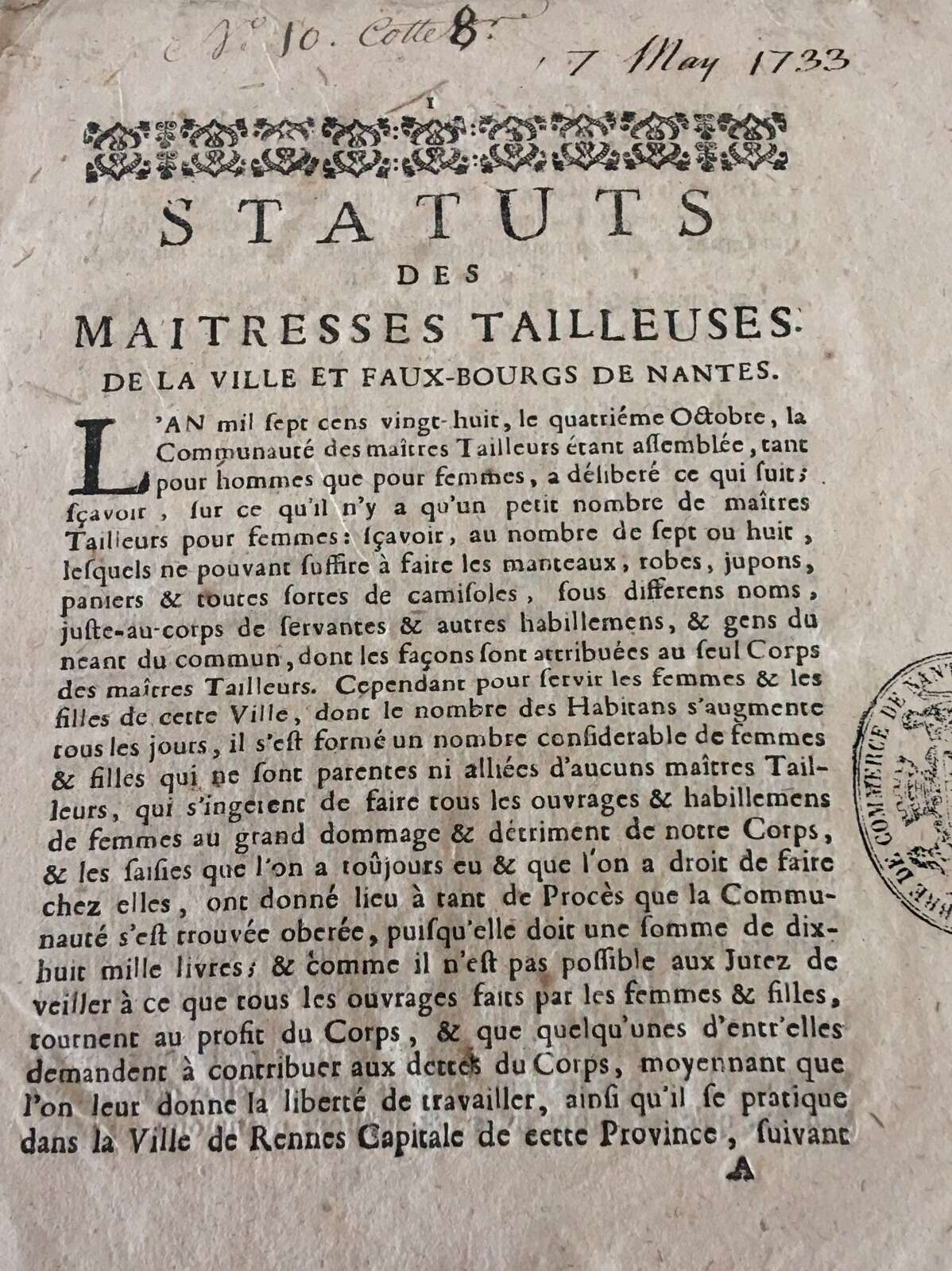 Statuts et règlements pour les maîtresses tailleuses