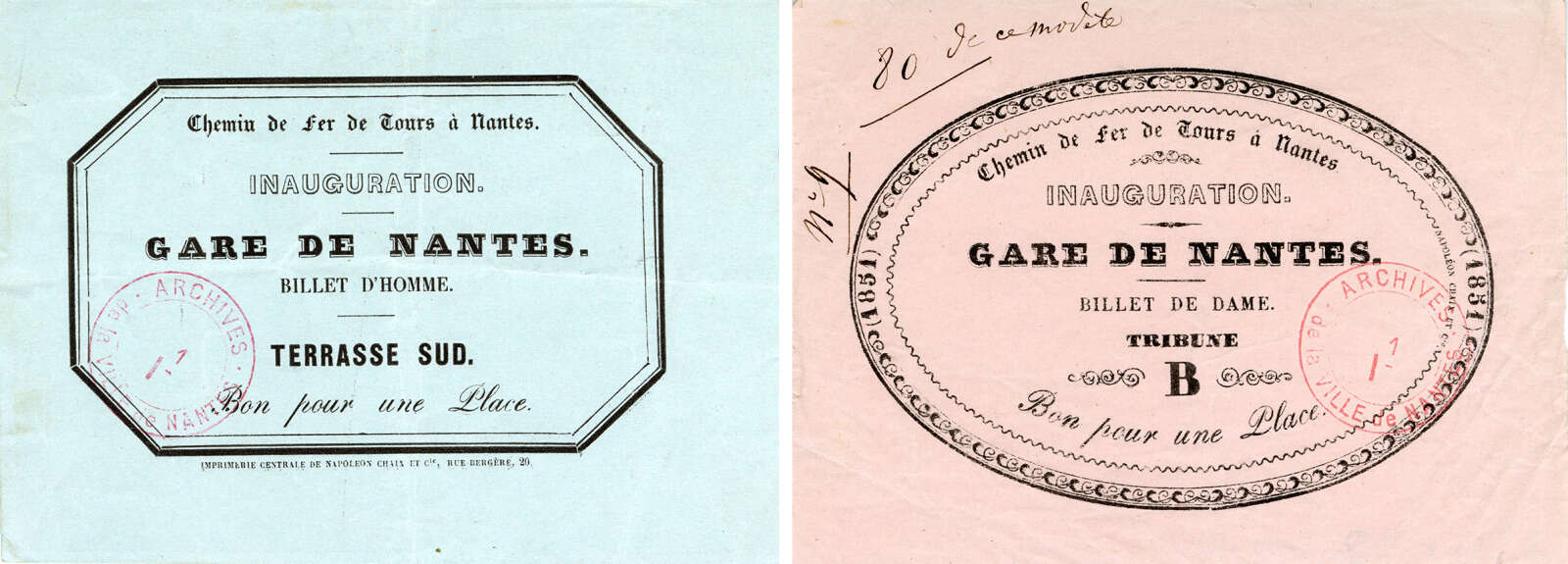 Billet de dame et billet d’homme pour l’inauguration de la gare de Nantes
