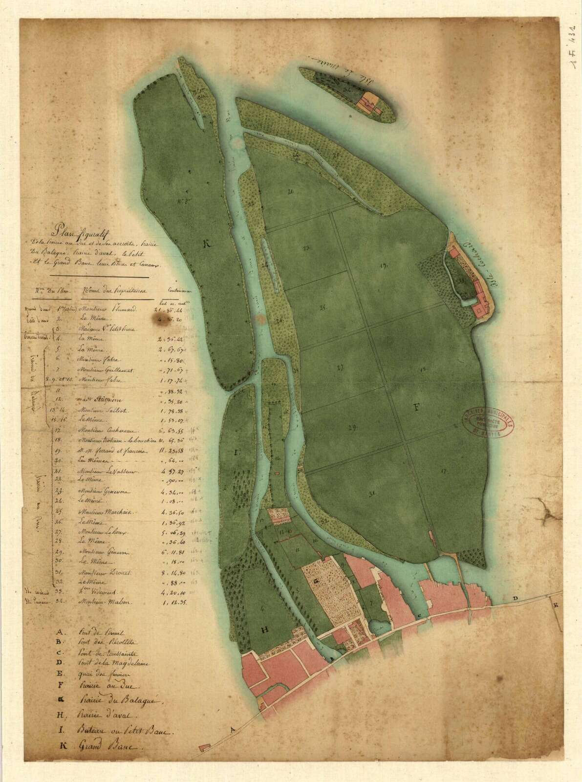 Plan des îles de la Loire situées à l’ouest de la ligne des ponts
