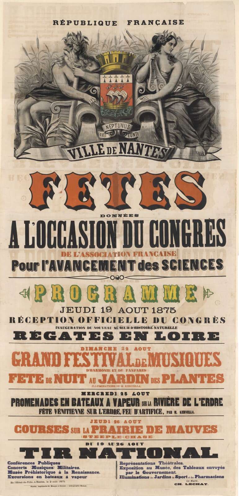 Affiche des fêtes données à l'occasion du congrès de l'Association Française pour l'Avancement des Sciences, signé par Charles Lechat, maire de Nantes