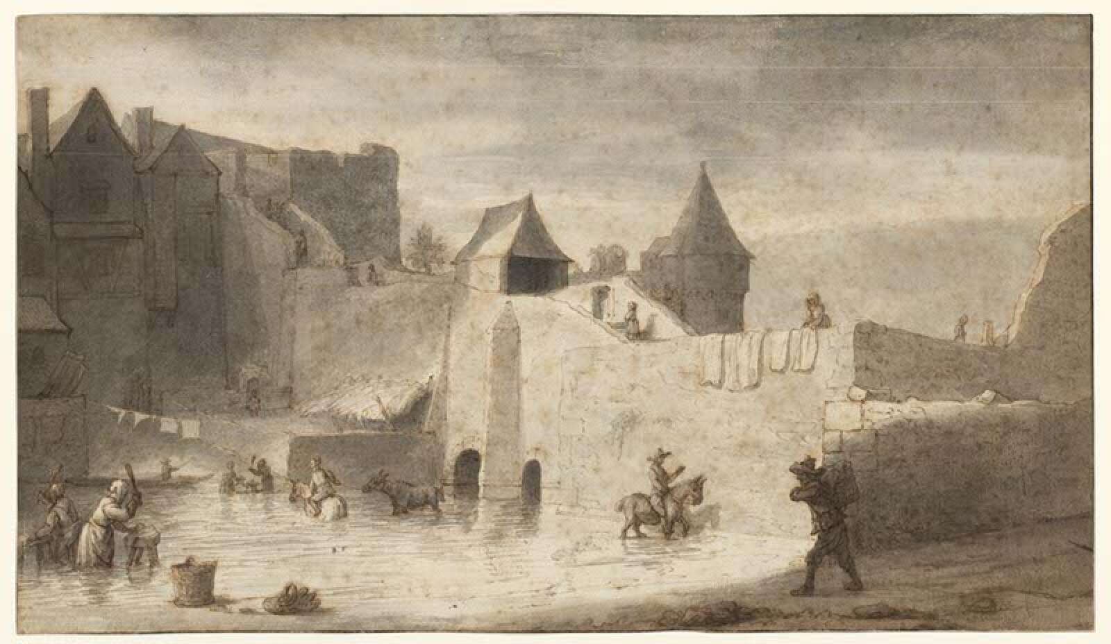 Lavis aquarellé, L'Erdre au pied de la porte Sauvetout au 17e siècle