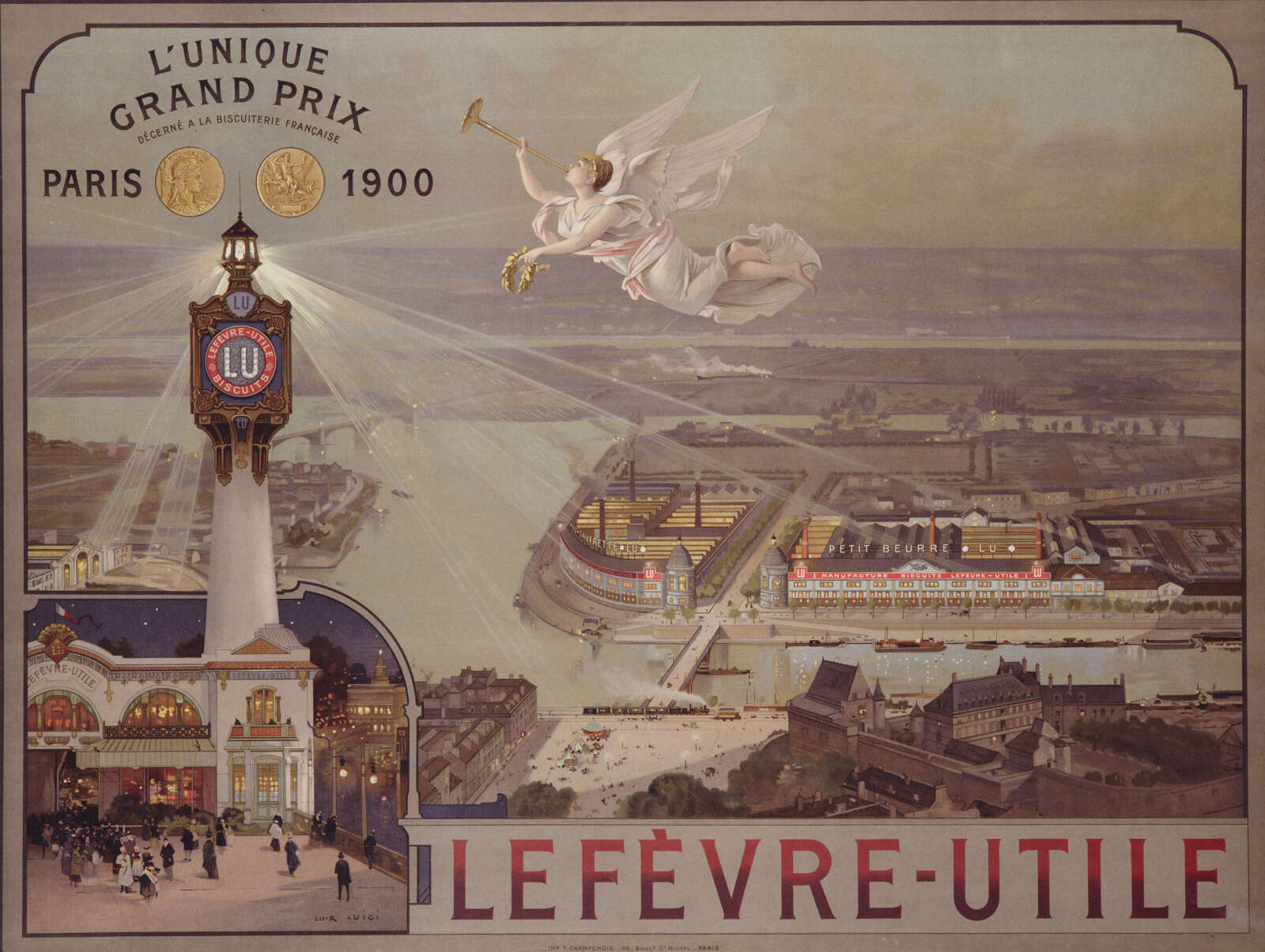 Chromolithographie « L'usine LU, la Renommée et le pavillon LU » à l'Exposition universelle de Paris