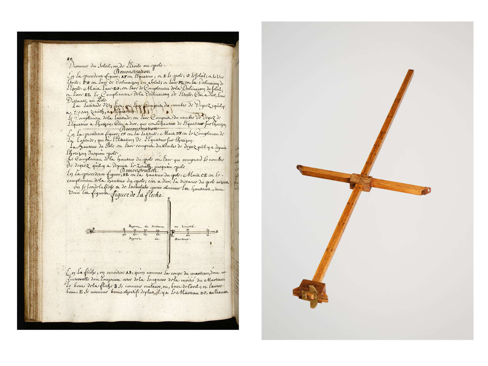Page du Traité de la navigation par le quartier de réduction présentant un bâton de Jacob et reconstitution de l'outil par l’association Méridienne