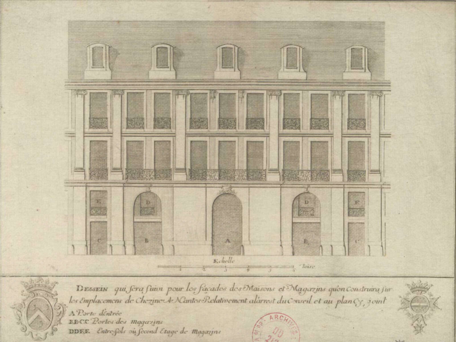 Dessin qui sera suivi pour les façades des maisons et magasins que l'on construira sur les emplacements de Chézine à Nantes