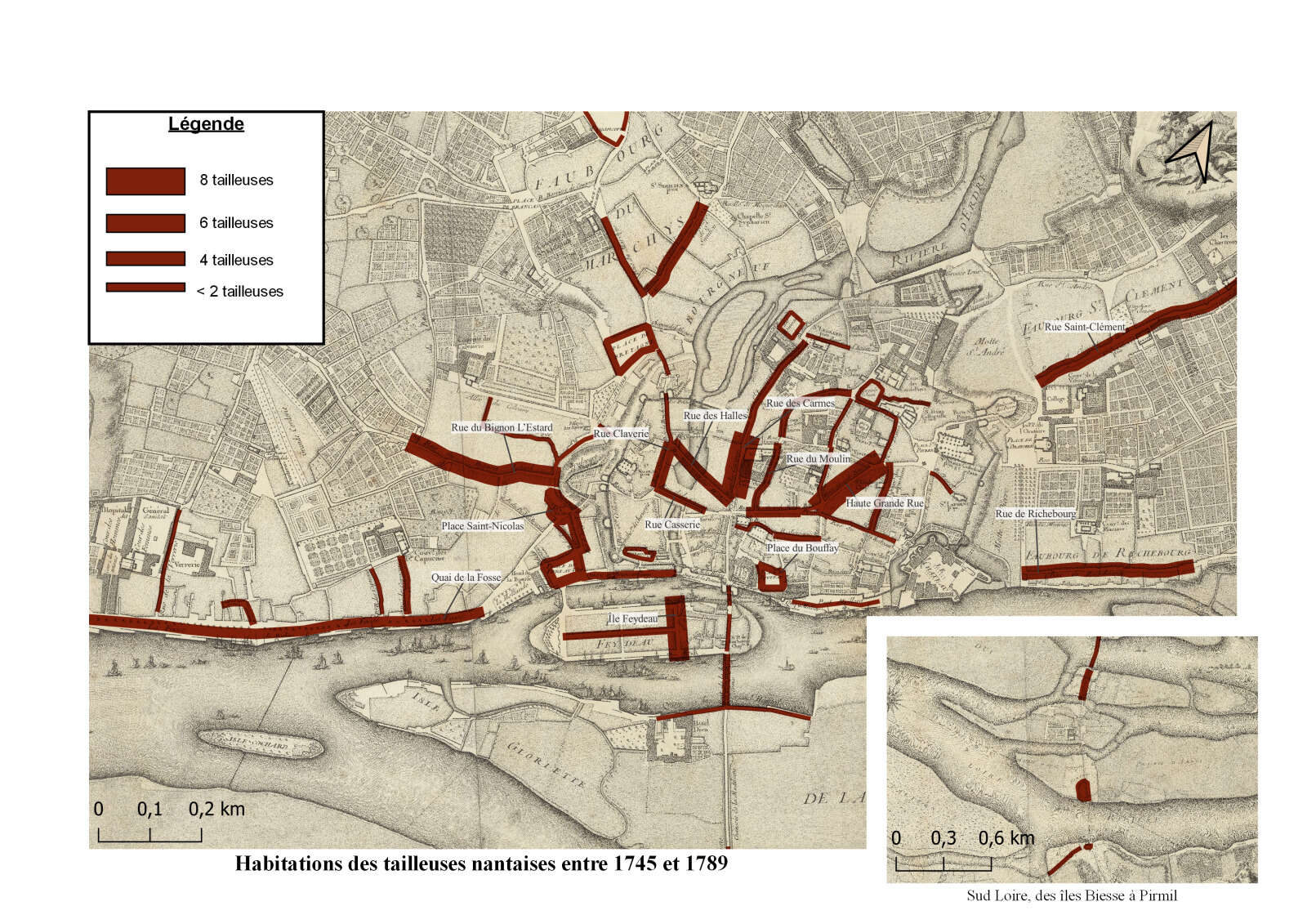 Répartition des habitations des tailleuses nantaises de 1745 à 1789