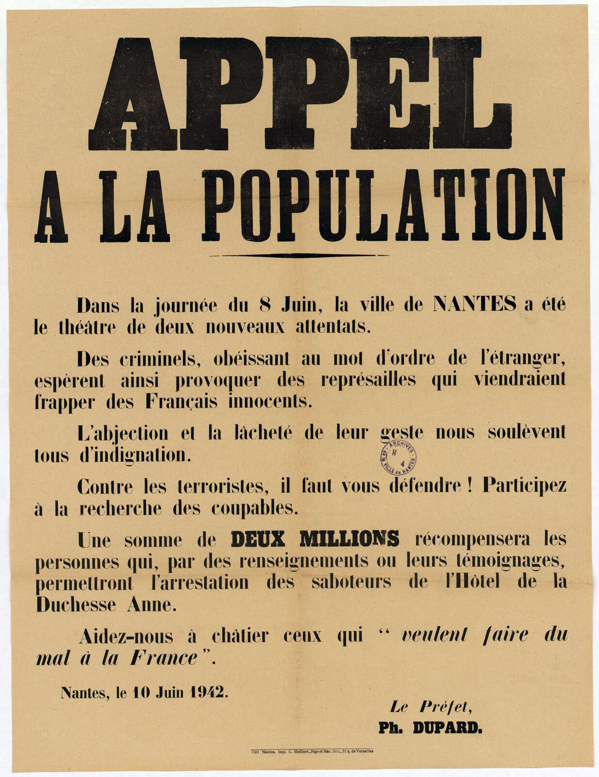 Affiche de l'appel à la délation du préfet Dupard