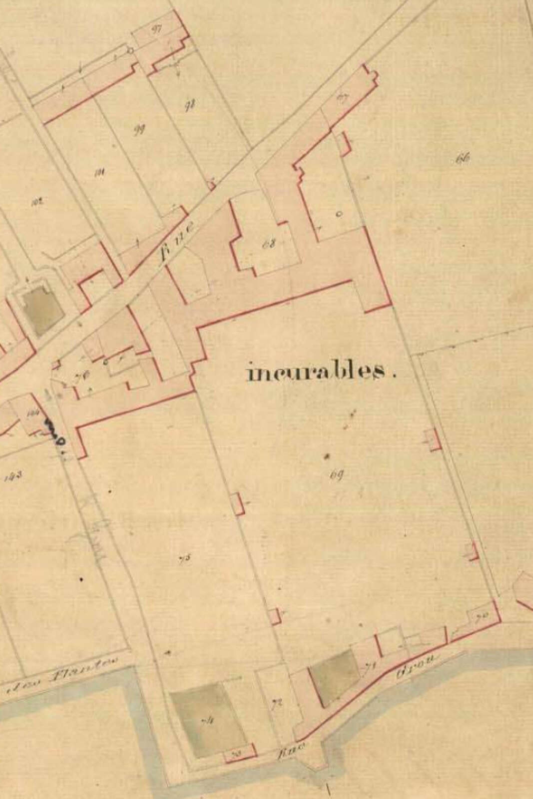 Détail du site de la Maison des Incurables sur le cadastre parcellaire de la commune de Nantes