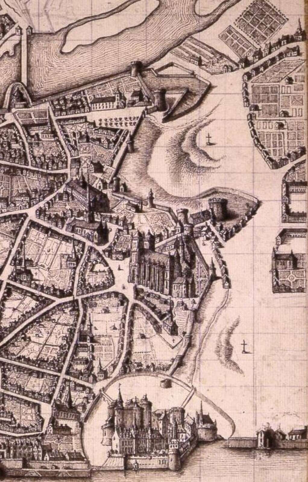 Détail des mottes Saint-Pierre et Saint-André issu d’une vue cavalière de Nantes