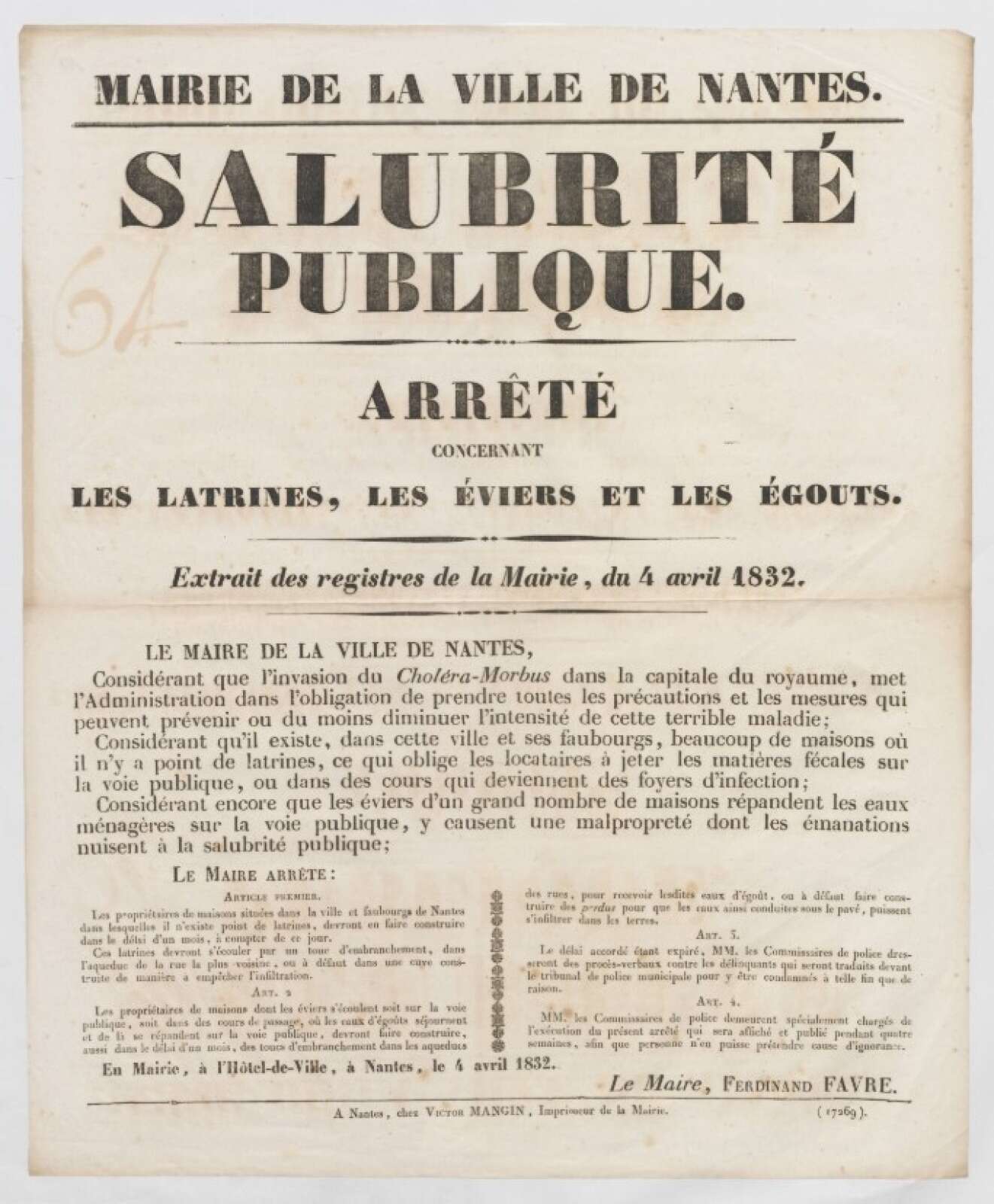 Arrêté de la mairie du 4 avril 1832 sur la salubrité publique