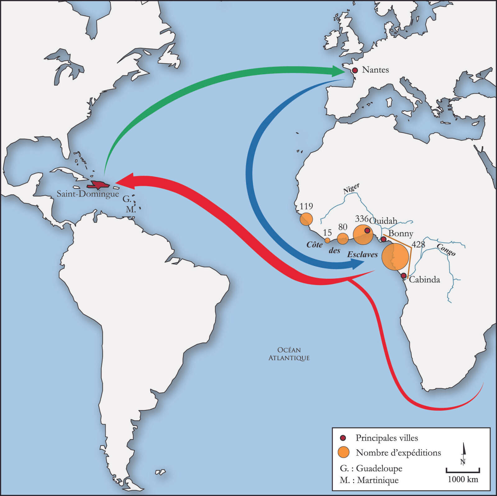 Carte de la traite atlantique nantaise au 18e siècle et du «commerce triangulaire »