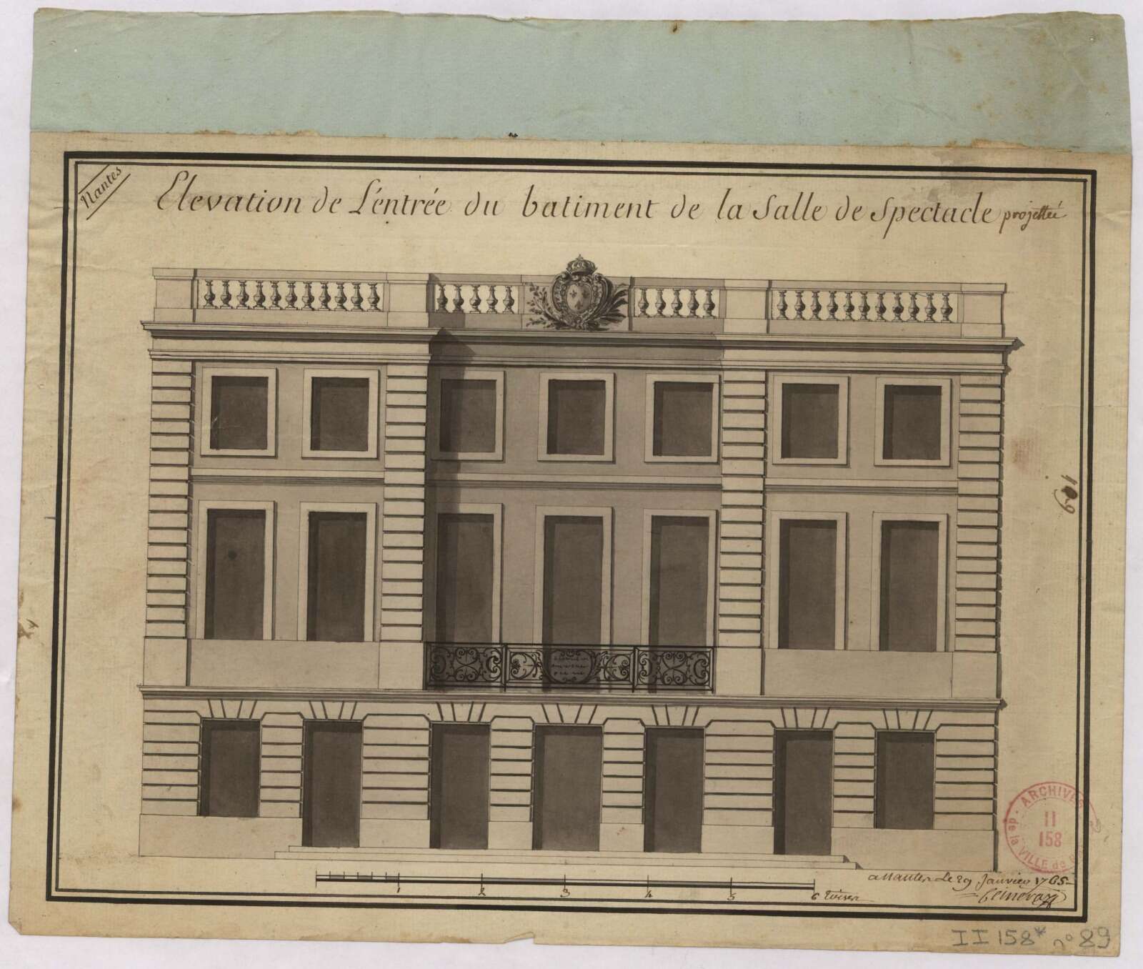 Plan pour l’élévation de l’entrée du bâtiment de la salle de spectacle projetée, par Jean-Baptiste Ceineray