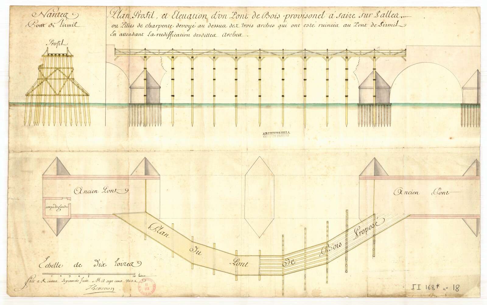 Plan, profil et élévation d'un pont de bois provisioire pour le pont de Pirmil