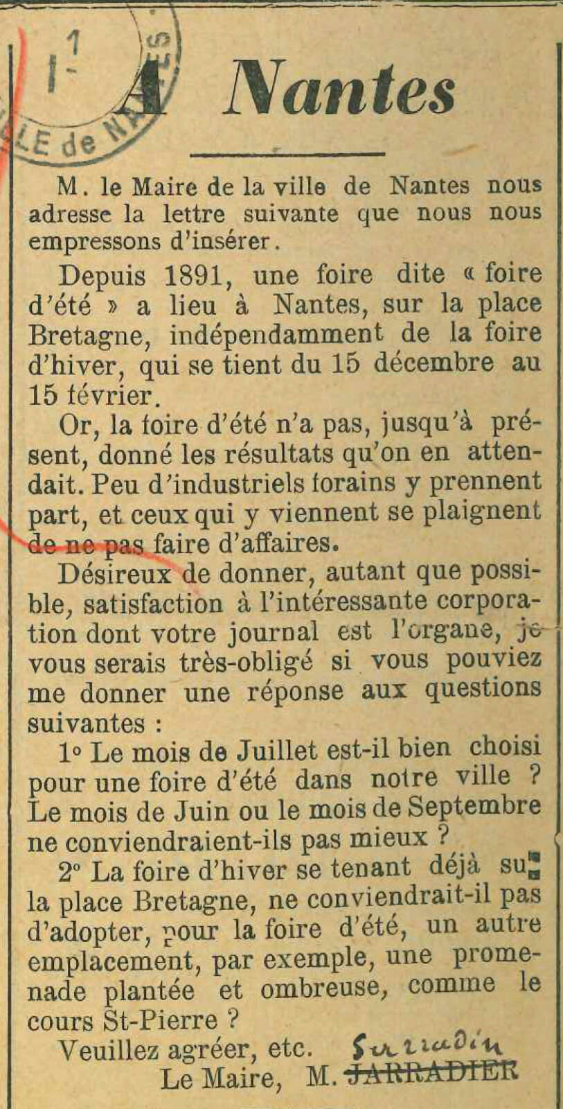 Publication d’une lettre du maire dans un article de « L’industriel forain », édition du 14 au 20 février 1897