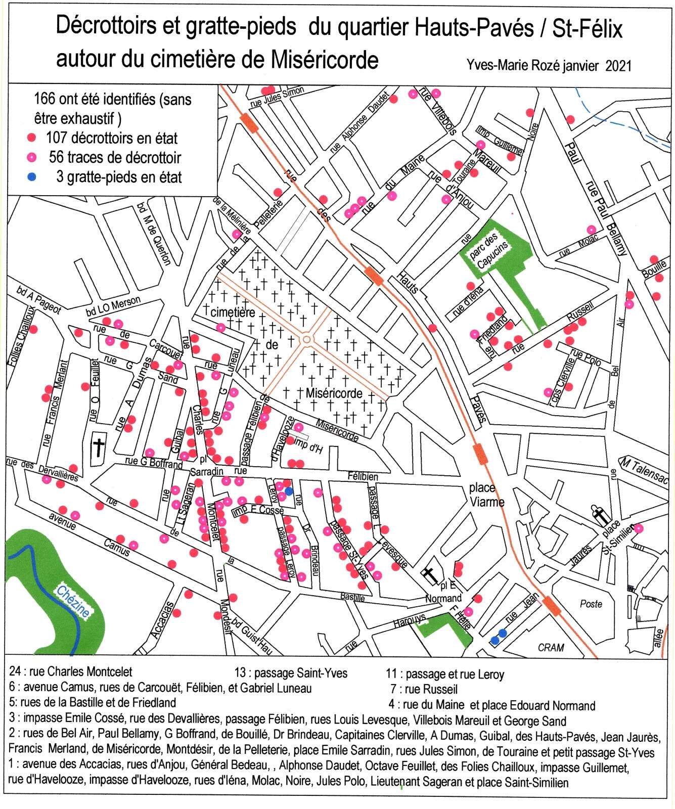 Carte des décrottoirs et gratte-pieds, quartier Saint-Félix / Hauts-Pavés