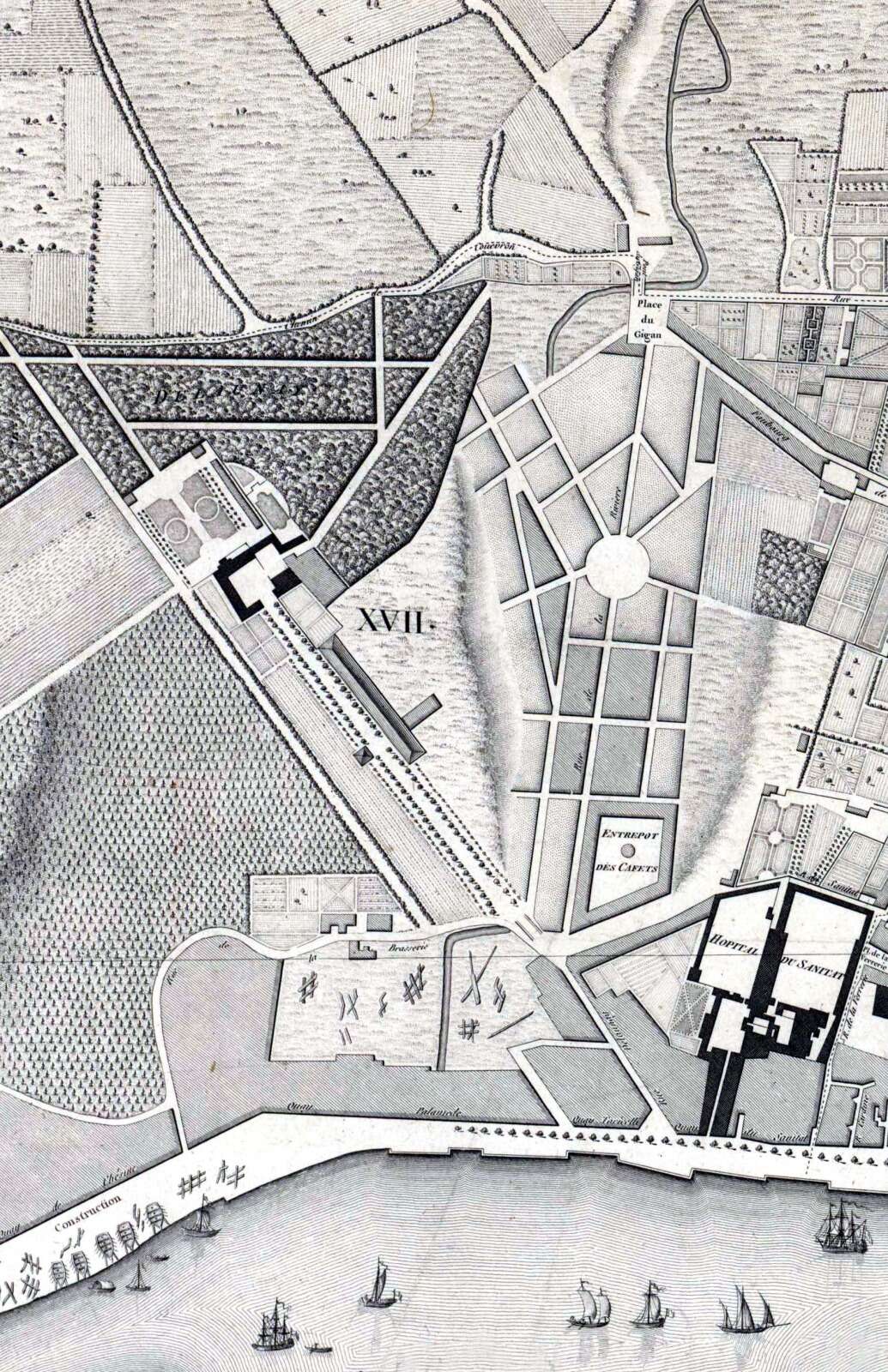 Extrait du plan de la ville de Nantes dressé par l'architecte Coulon et représentant le nouveau quartier de l'Entrepôt