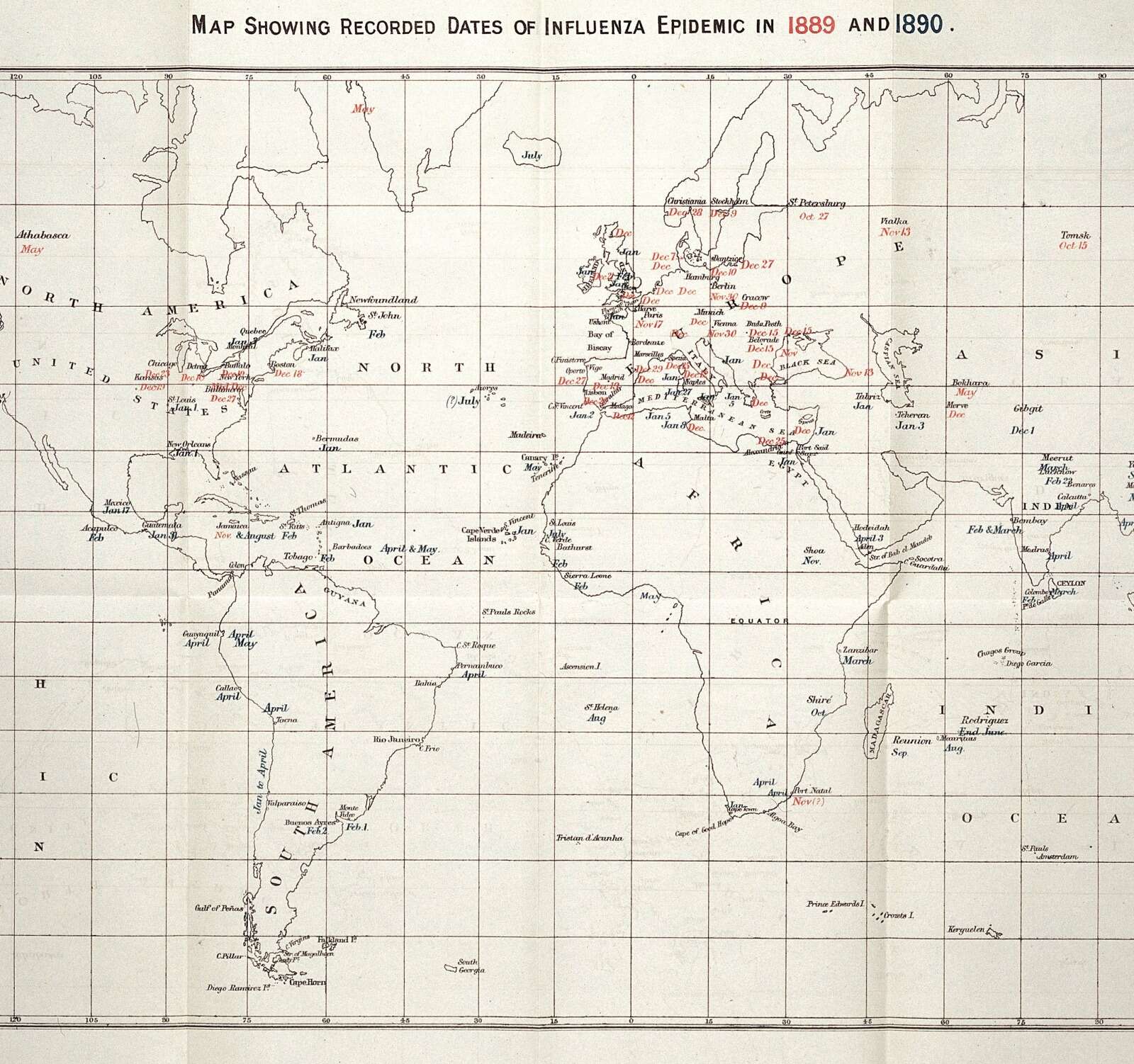 Détail d’une carte recensant les dates d’apparition de l’épidémie de grippe de 1889-1890