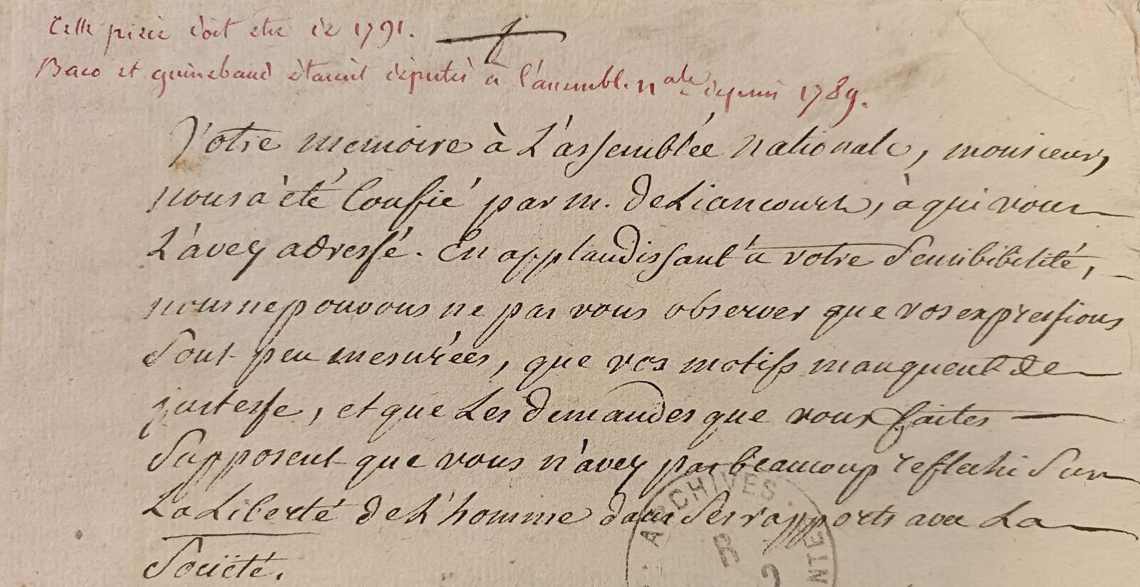 Lettre de Jacques Nicolas Guinebaud de Saint-Mesme sur un article de loi concernant la liberté d’expression sur scène