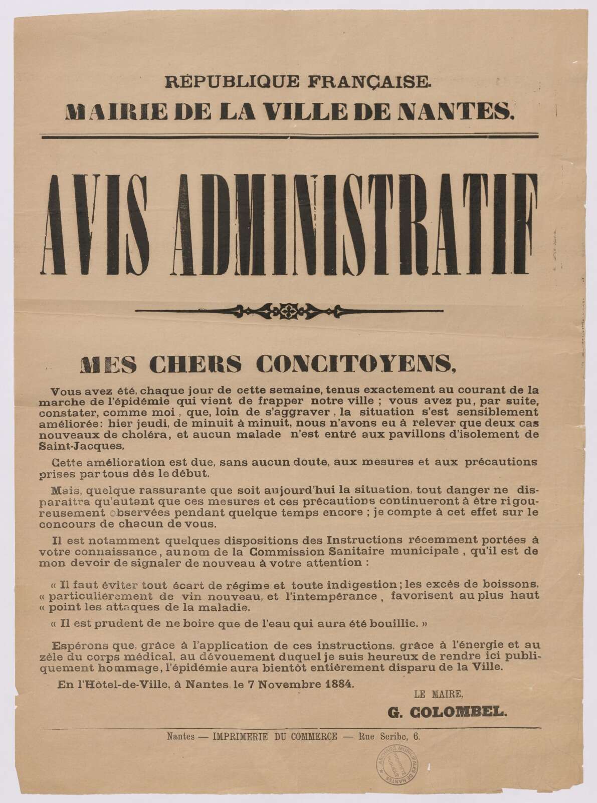 Avis administratif évoquant l’amélioration de la situation de l’épidémie