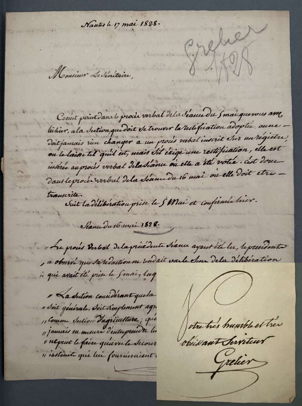 Lettre du 17 mai 1828 signée de Pierre Grelier