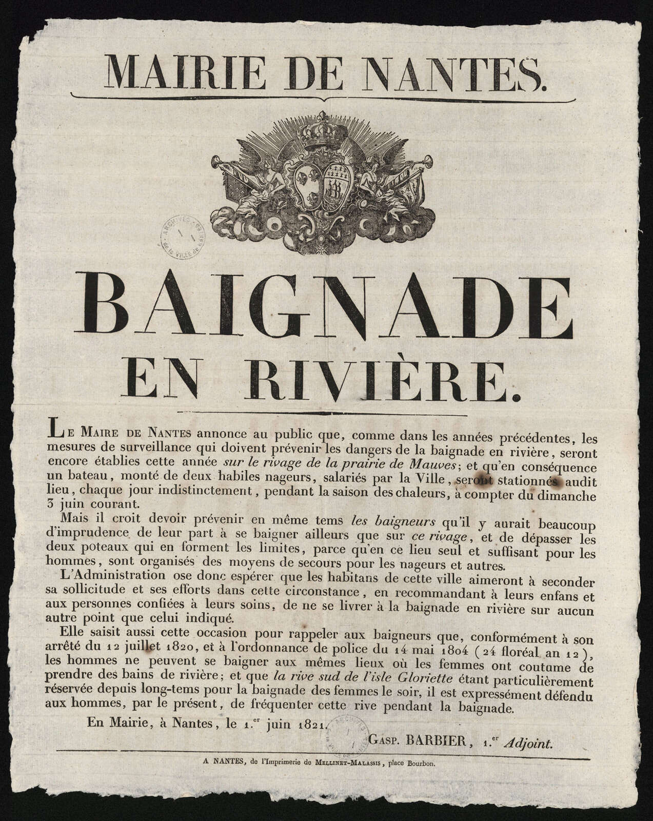 Affiche municipale sur la baignade en Loire
