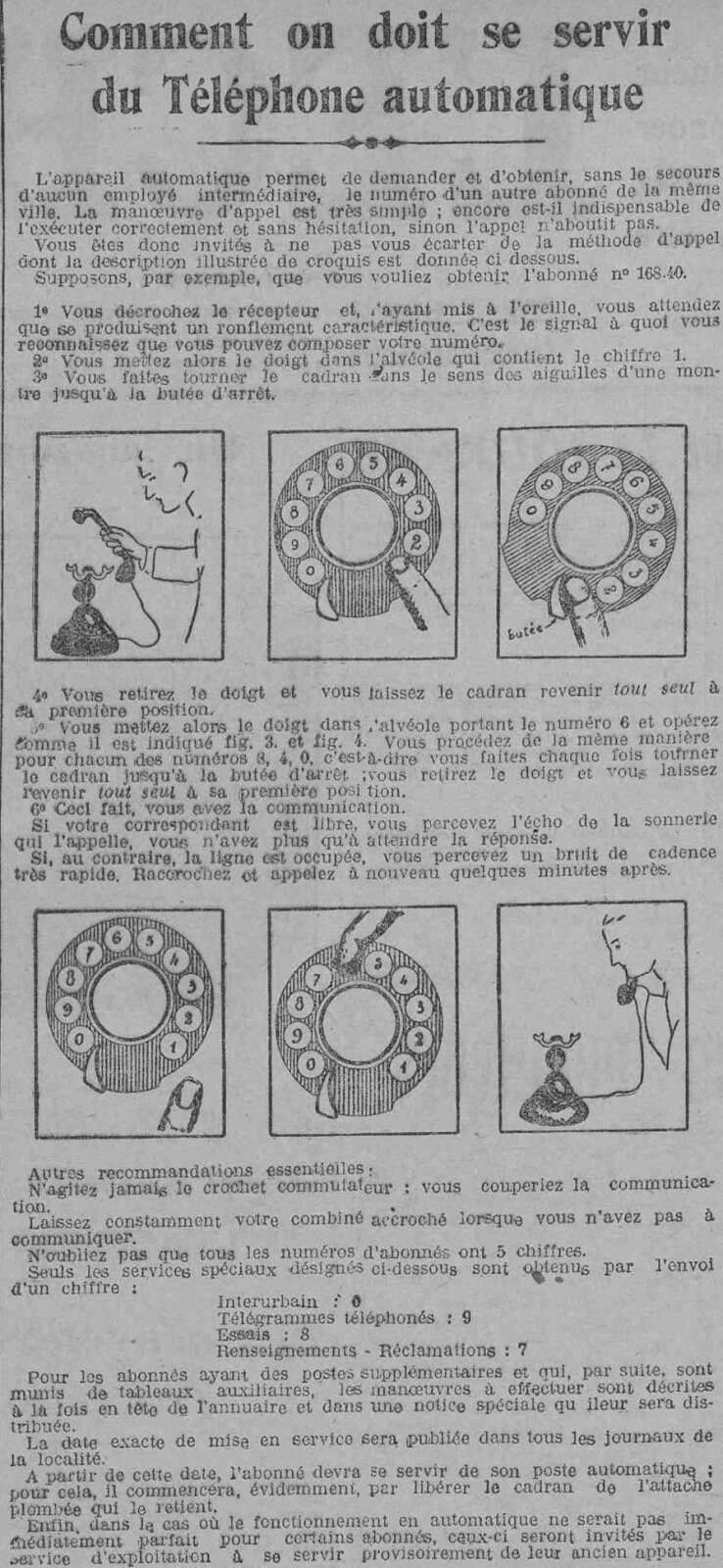 Mode d’emploi du téléphone automatique publié dans l’« Écho de la Loire », le 27 octobre 1927