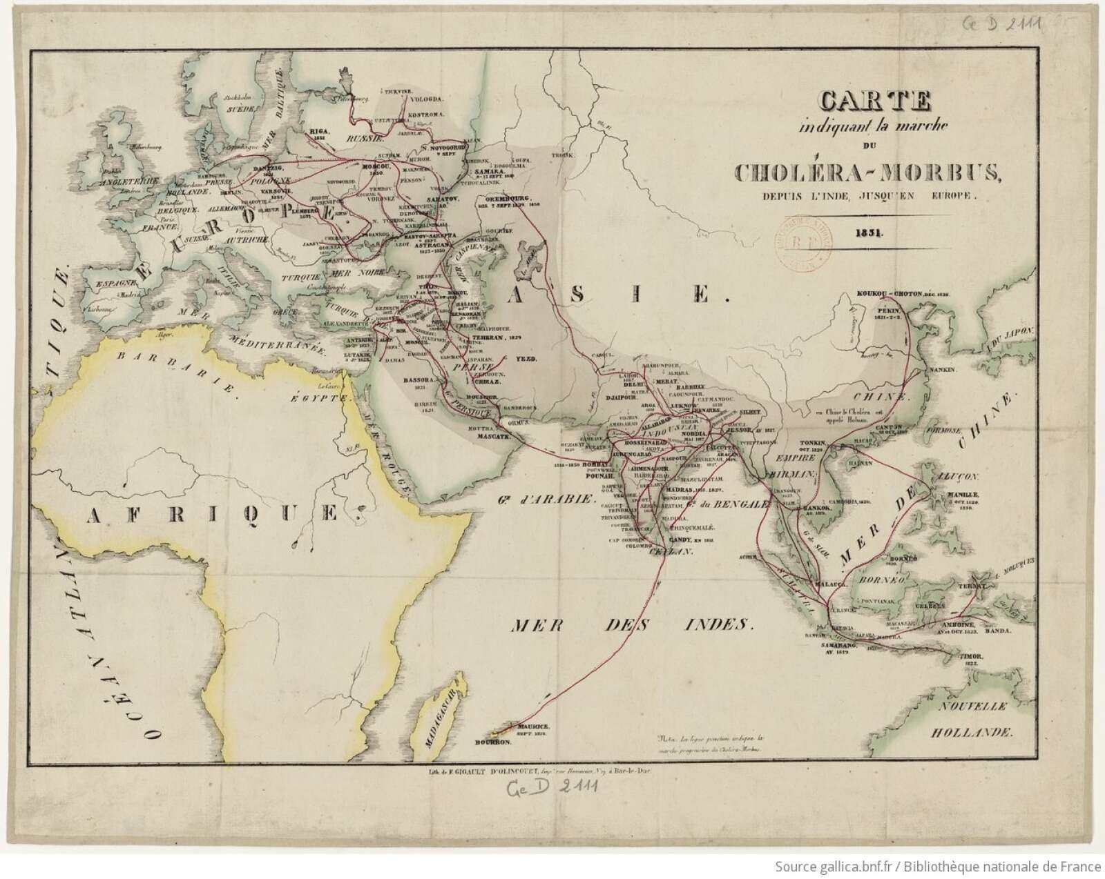 Carte indiquant la marche du choléra depuis l’Inde jusqu’en Europe en 1831