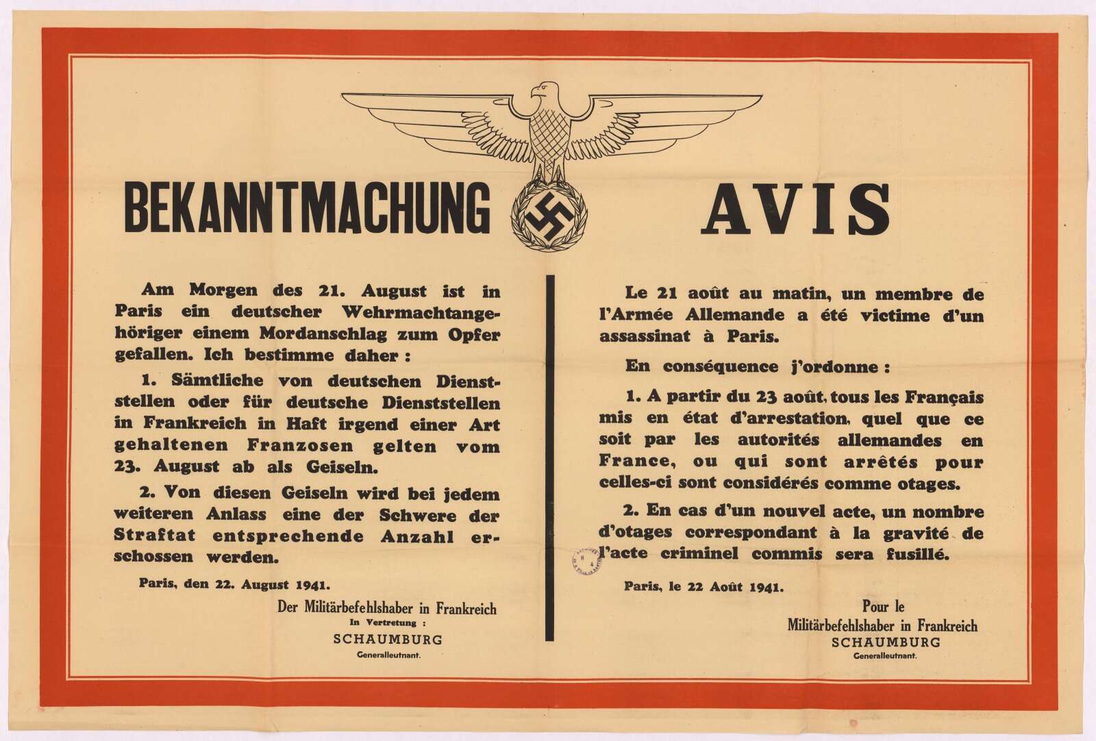 Avis publié par les autorités allemandes  concernant les changements dans la politique des otages