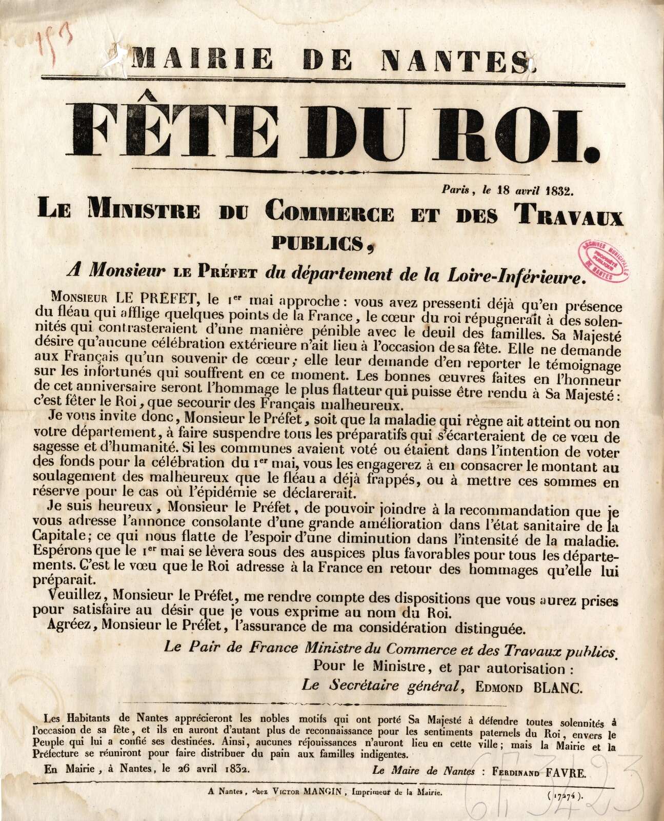 Annulation de la Fête du Roi due à l’épidémie de choléra