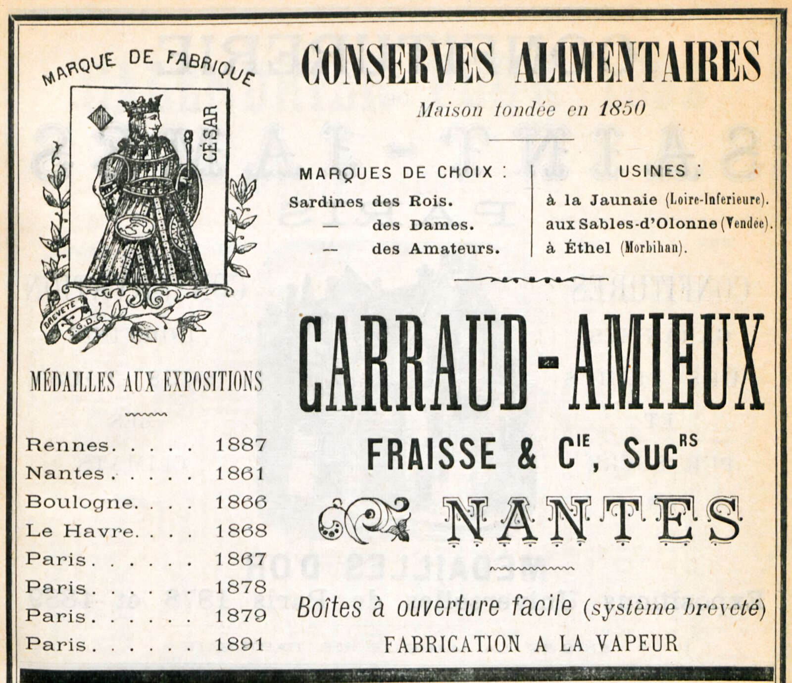 Encart publié en 1892 dans l’Agenda répertoire du commerce des liquides, vins, spiritueux et boissons diverses