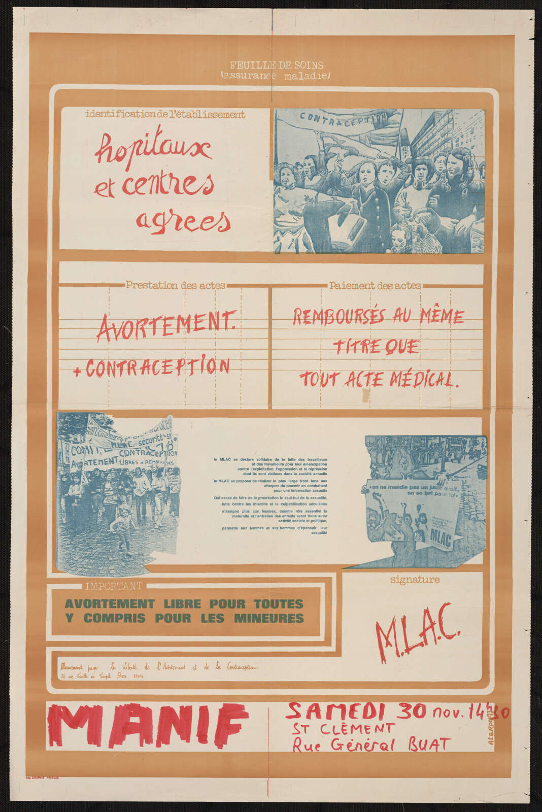 Affiche du MLAC invitant à manifester pour le remboursement de l’avortement et de la contraception