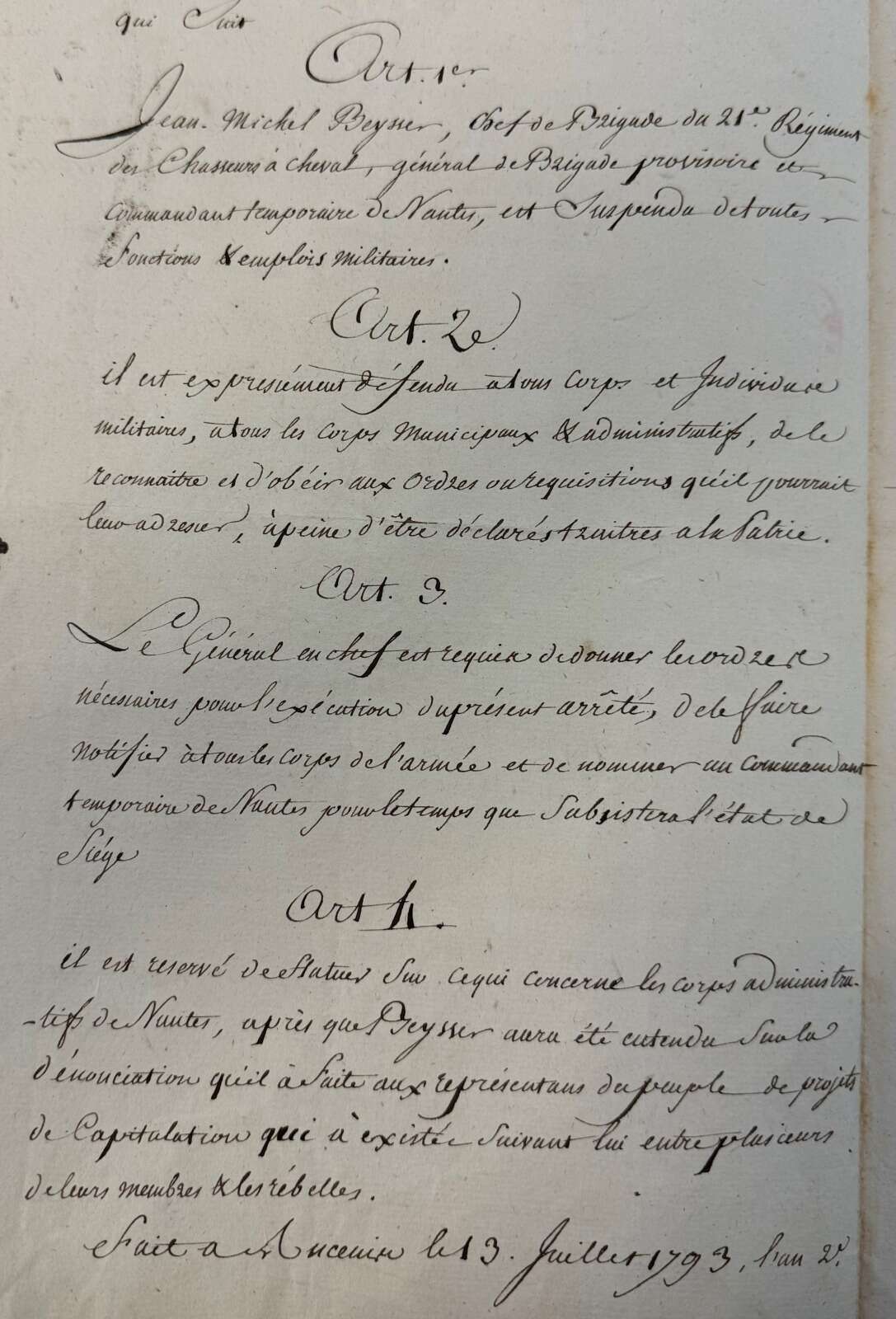 Arrêté du 13 juillet 1793 de Merlin et Gilet mettant le général Beysser et des officiers municipaux en accusation