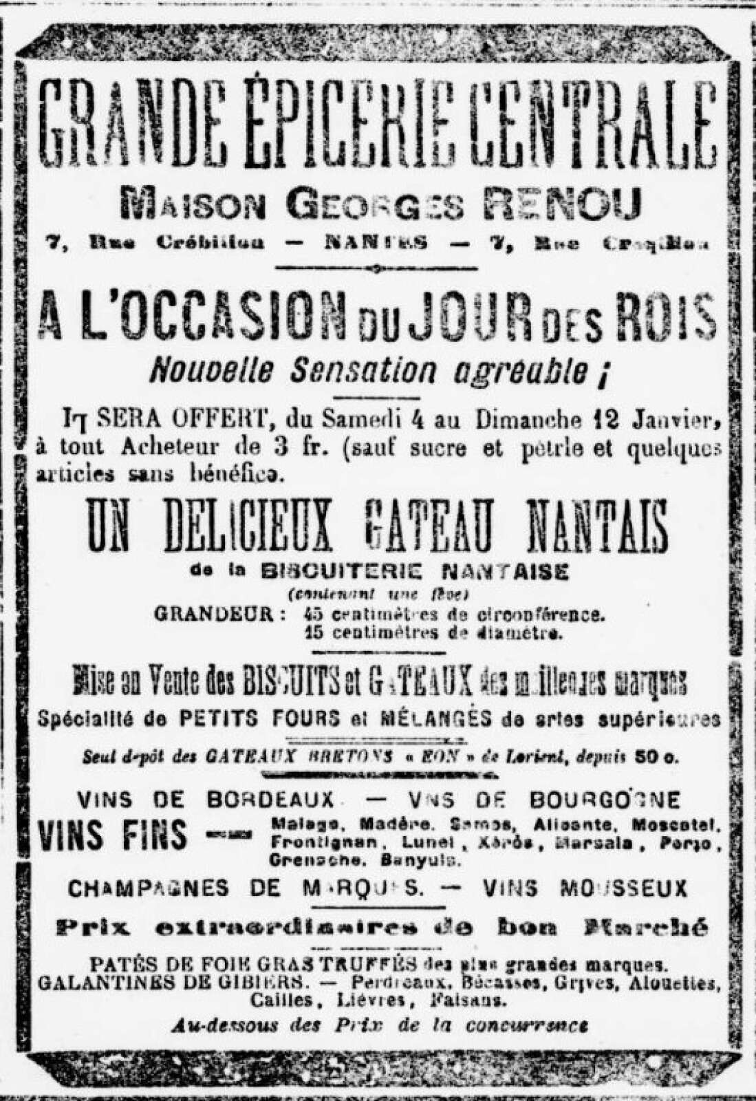 Publicité de la Grande Épicerie Centrale à l’occasion de l’Épiphanie