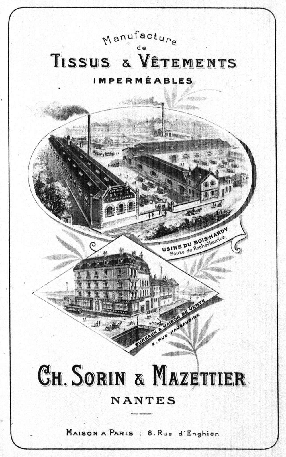 Illustration d'un catalogue Mazettier présentant les bâtiments de l’usine et du magasin de la Manufacture