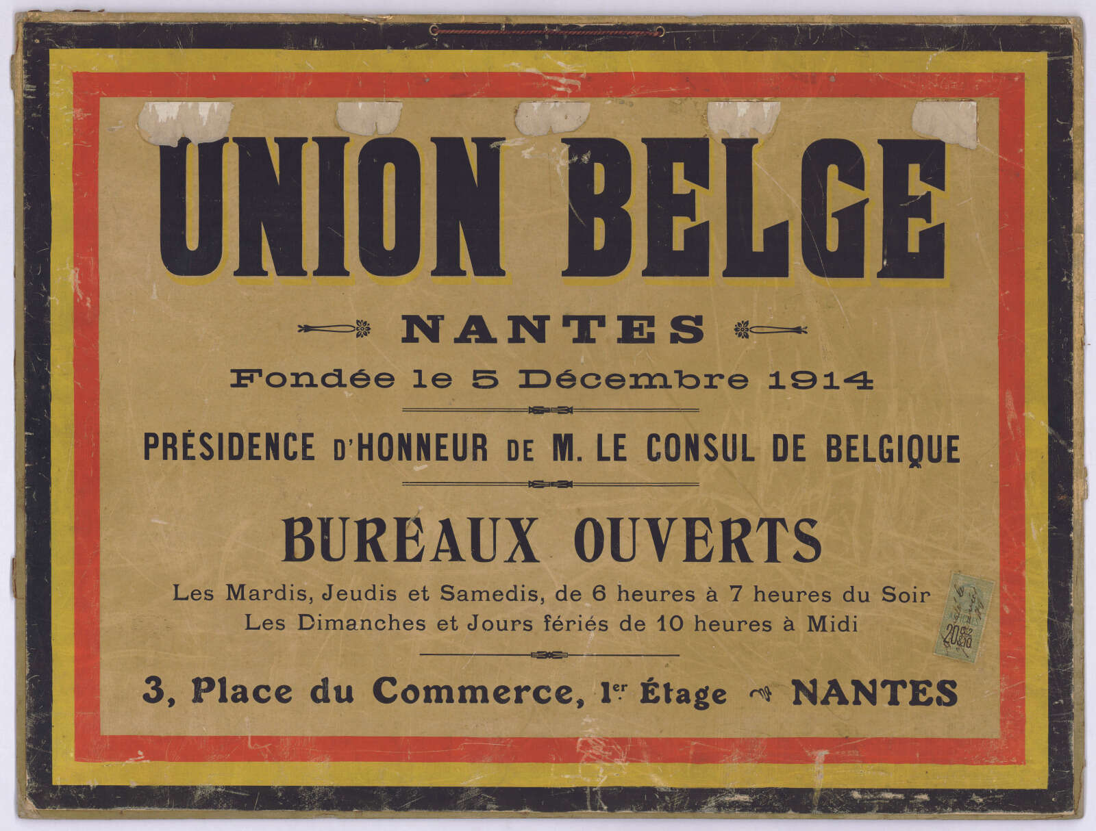 Panonceau d'accueil des bureaux de l'Union belge de Nantes
