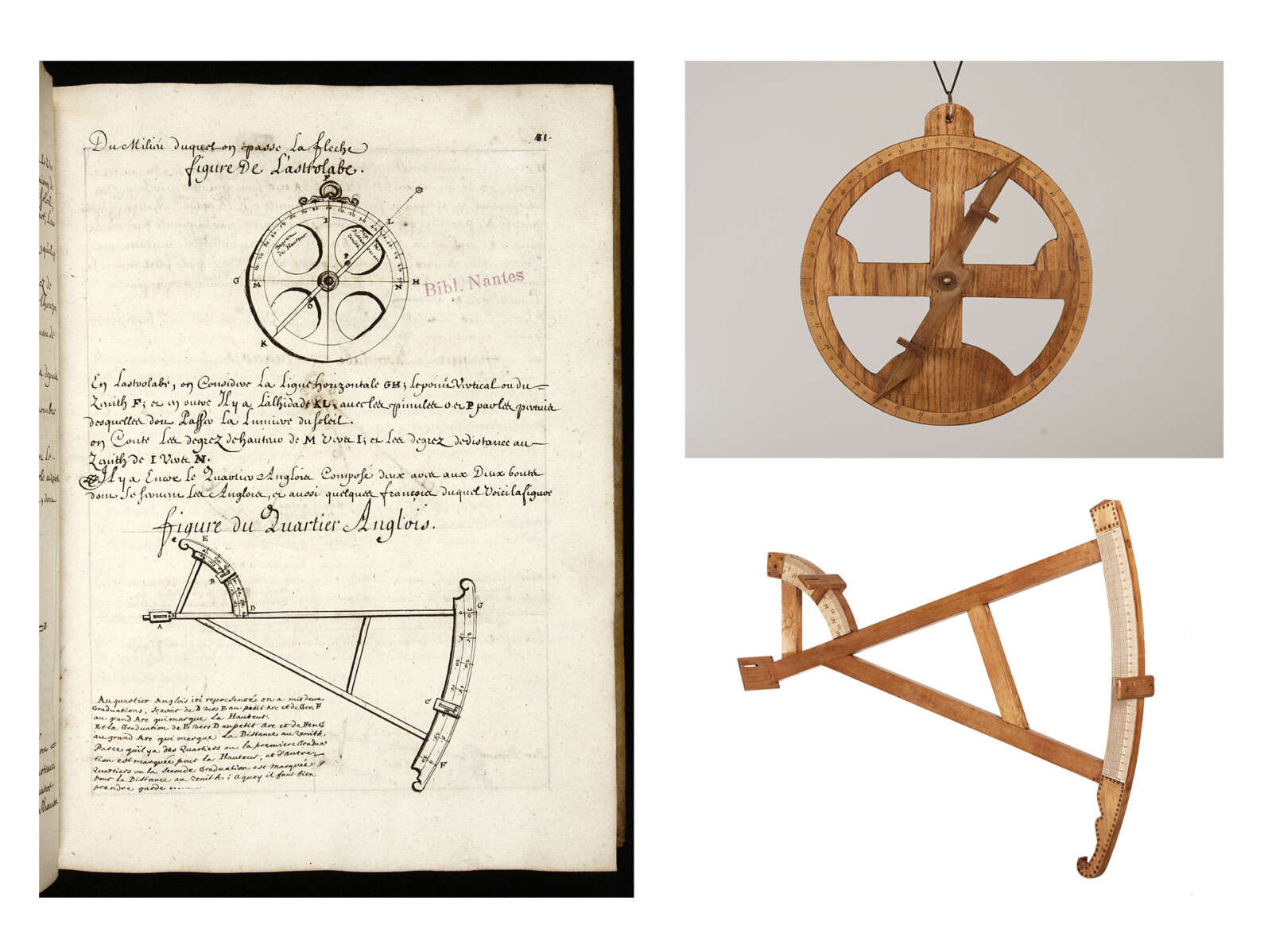 Page Traité de la navigation par le quartier de réduction présentant un astrolabe nautique et un quartier et reconstitution des outils par l’association Méridienne