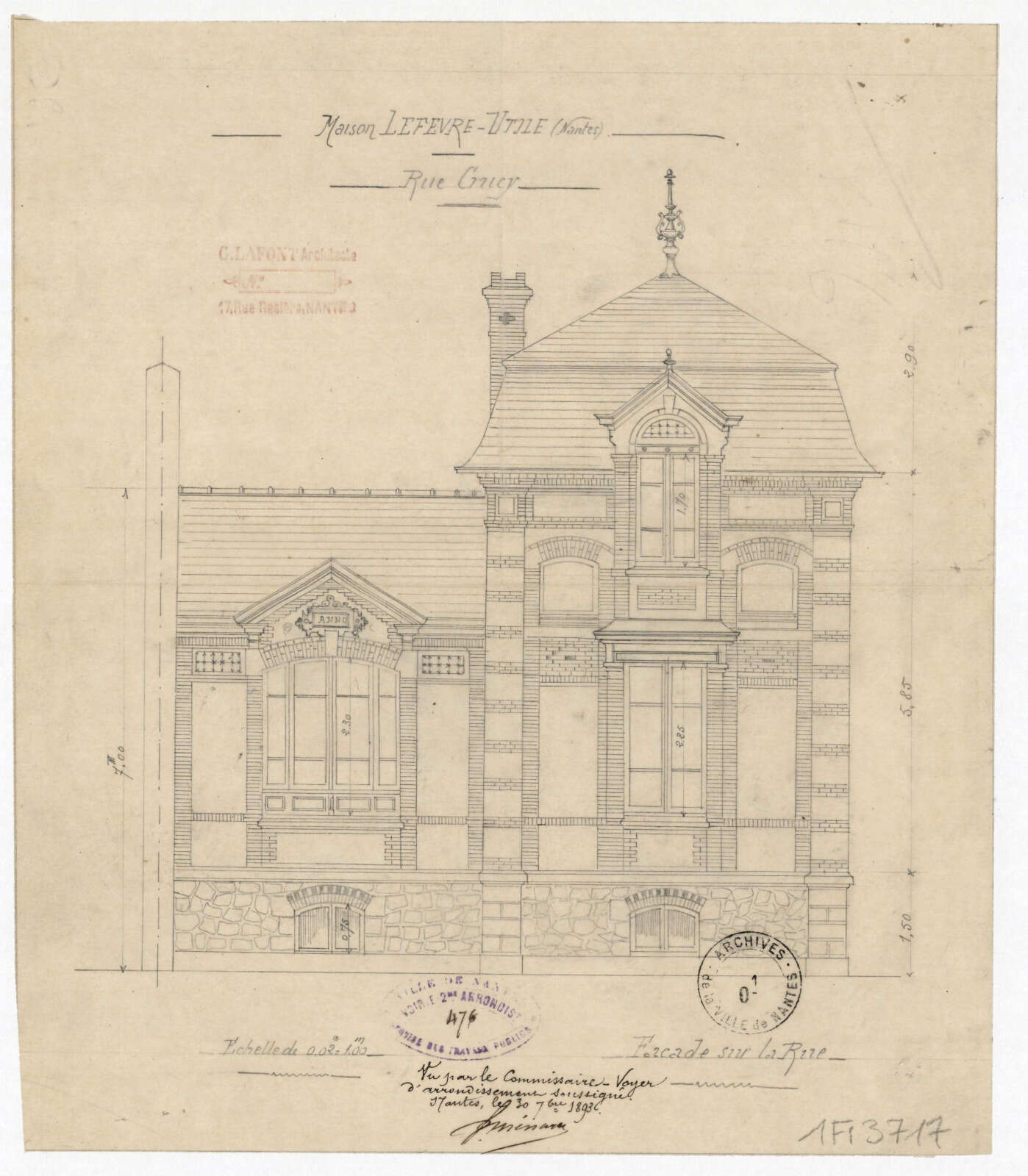 Plan de la façade sur rue de la Maison Lefèvre-Utile de la rue Crucy par Georges Lafont