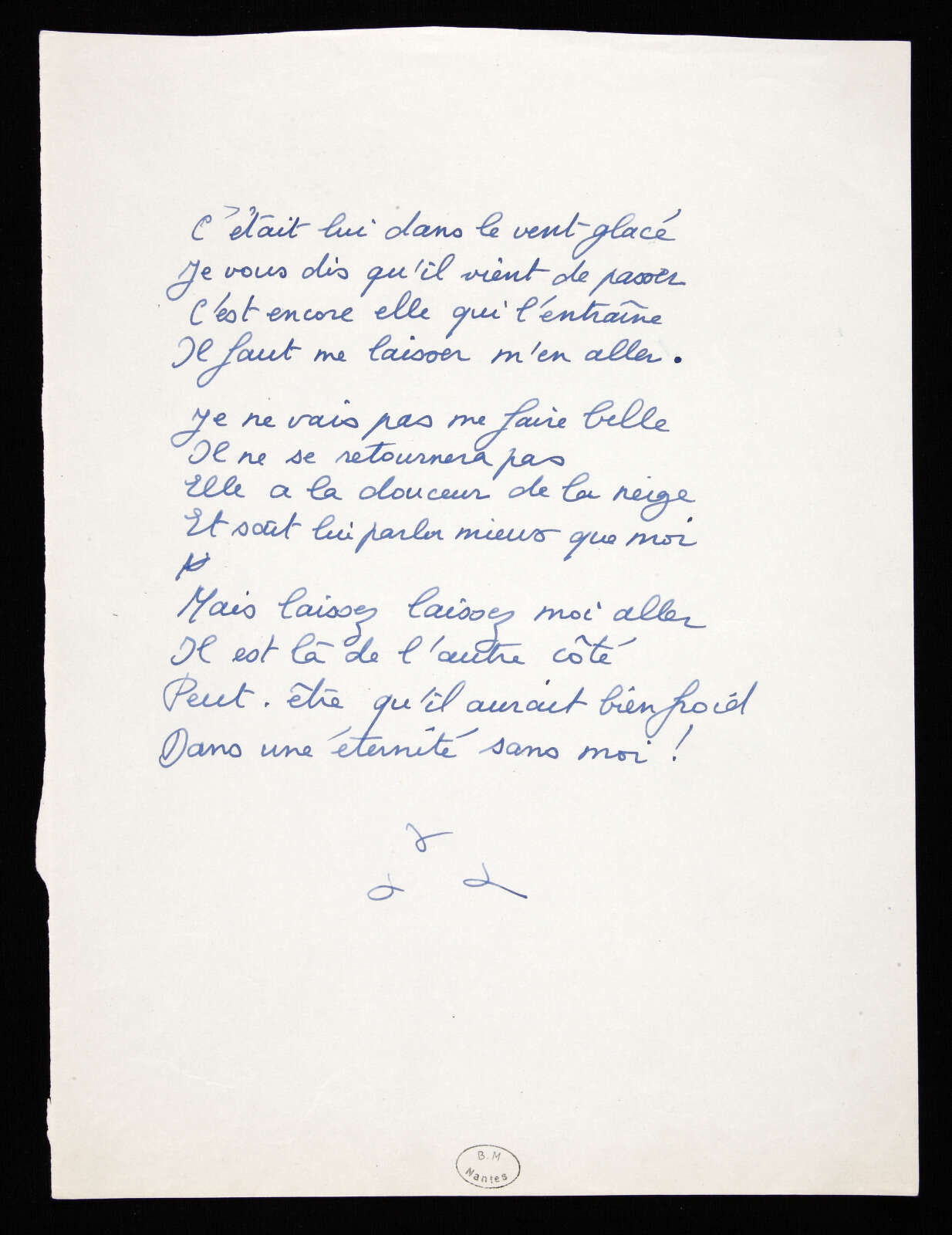 Poème, C'était lui dans le vent glacé, dans le manuscrit Le bonheur du jour, Hélène Cadou