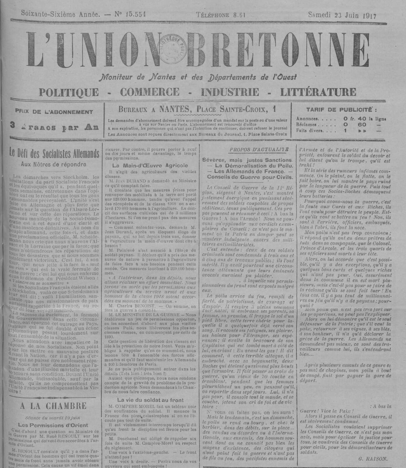 Une de l'Union Bretonne du 23 juin 1917