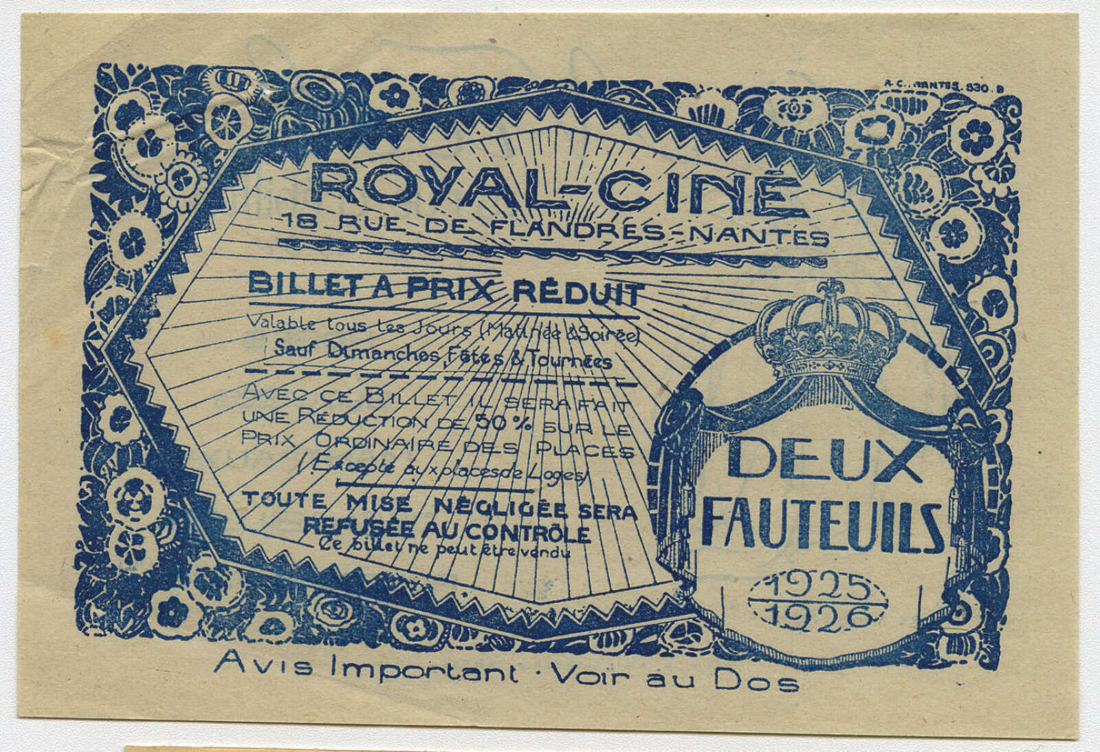 Royal-Ciné, billet d'entrée à tarif réduit
