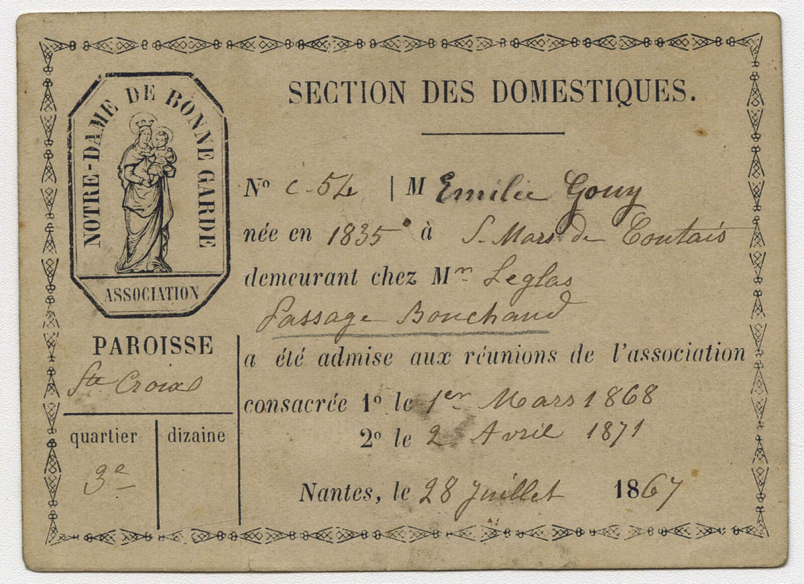 Carte d'admission aux réunions de l'Association Notre-Dame de Bonne Garde