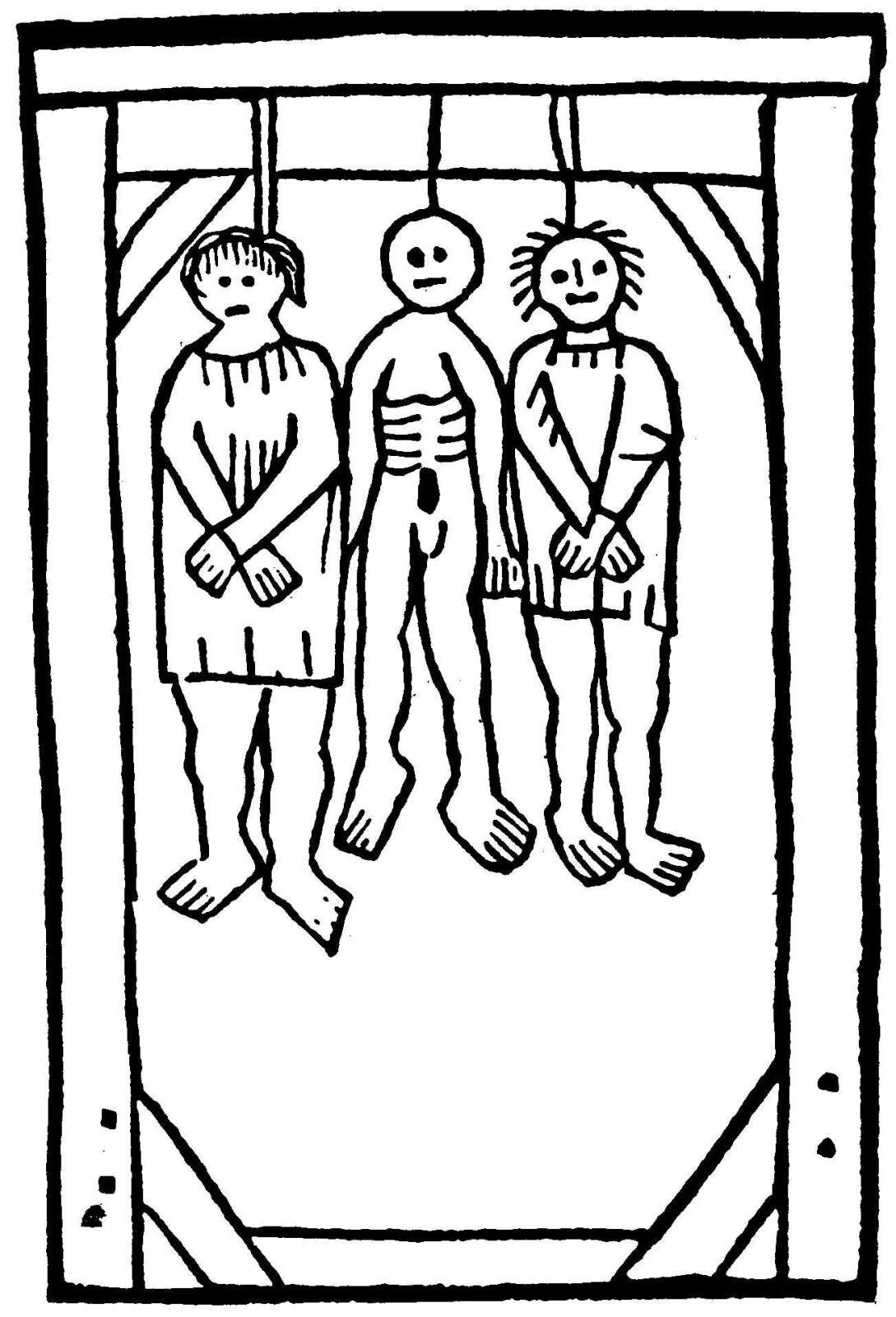 Illustration des trois pendus par François Villon dans son ouvrage « Le Testament »
