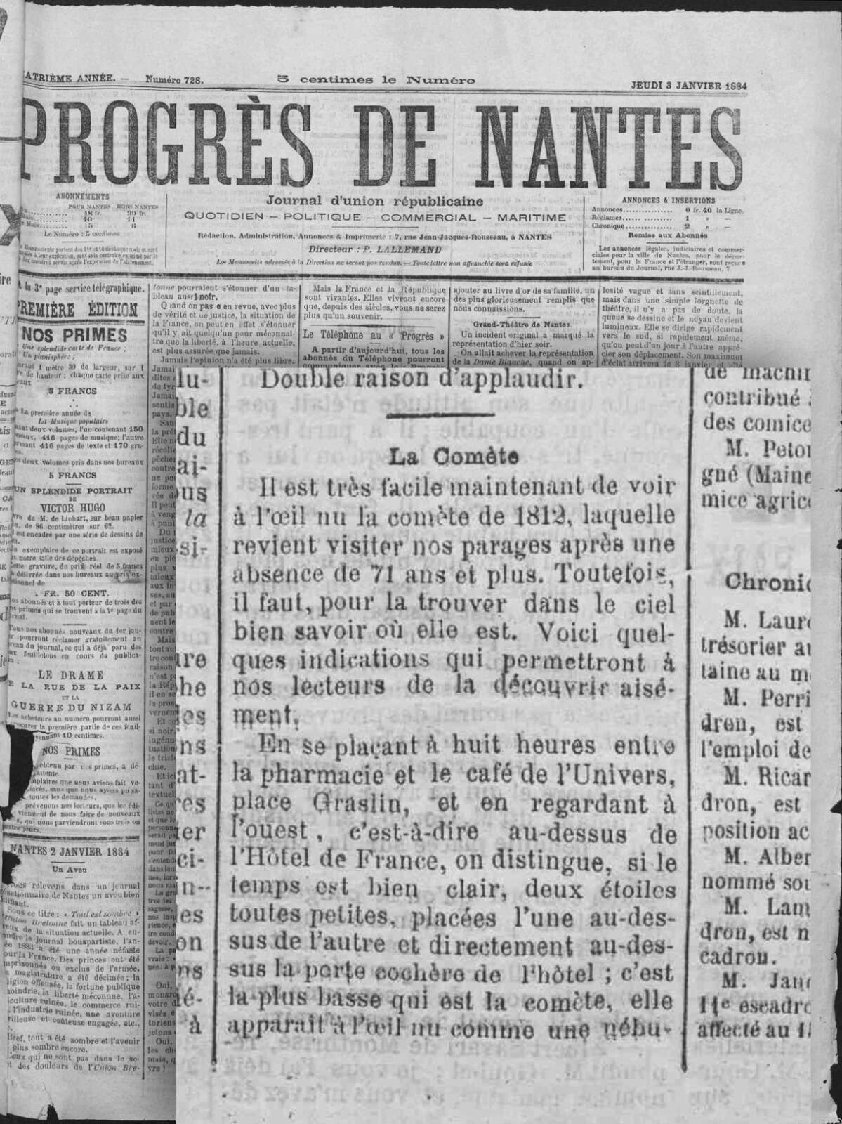 Article du « Progrès de Nantes » sur la comète de 1884