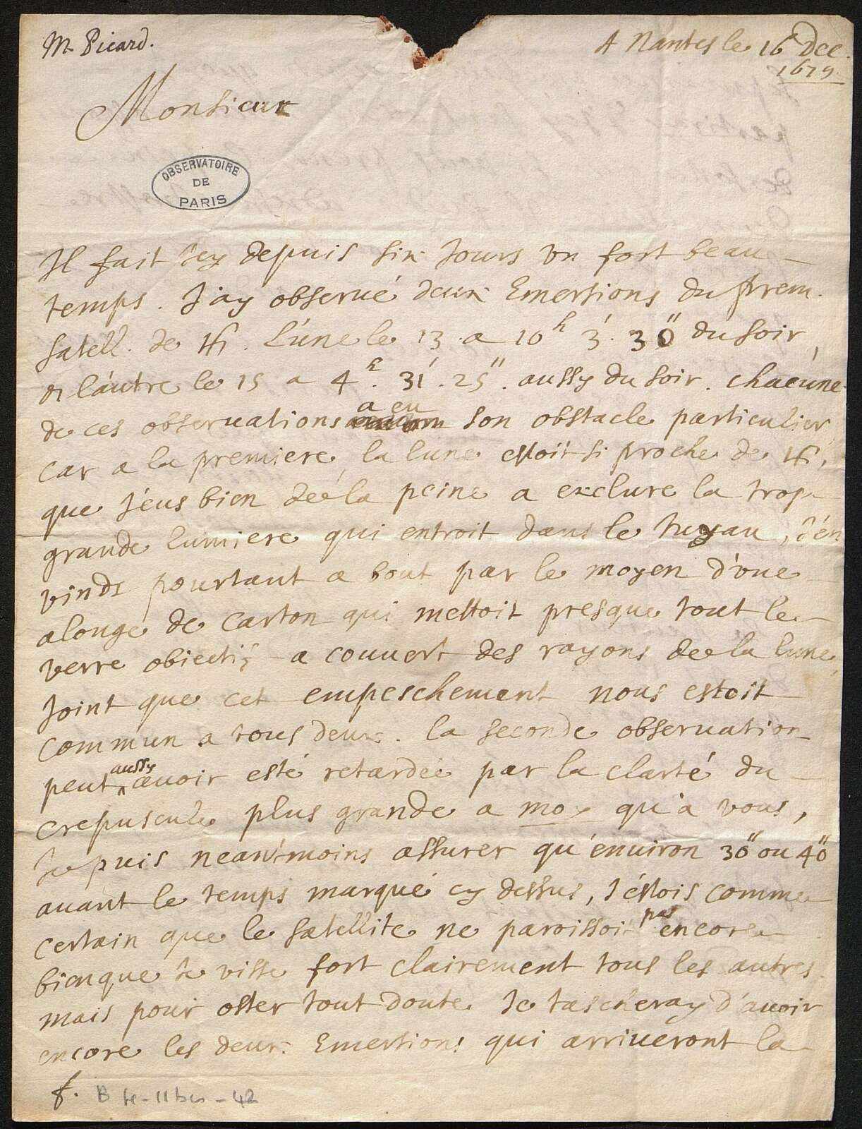 Lettre de l’abbé Picard écrite à Nantes le 16 décembre 1679