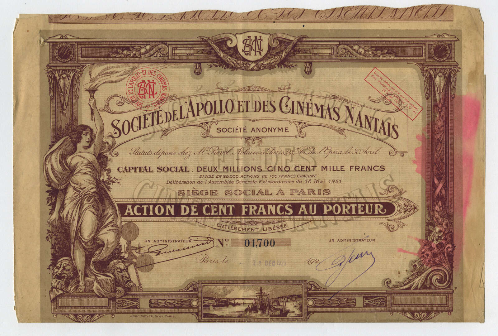 Société de l'Apollo et des cinémas nantais, bon pour action de 100 francs