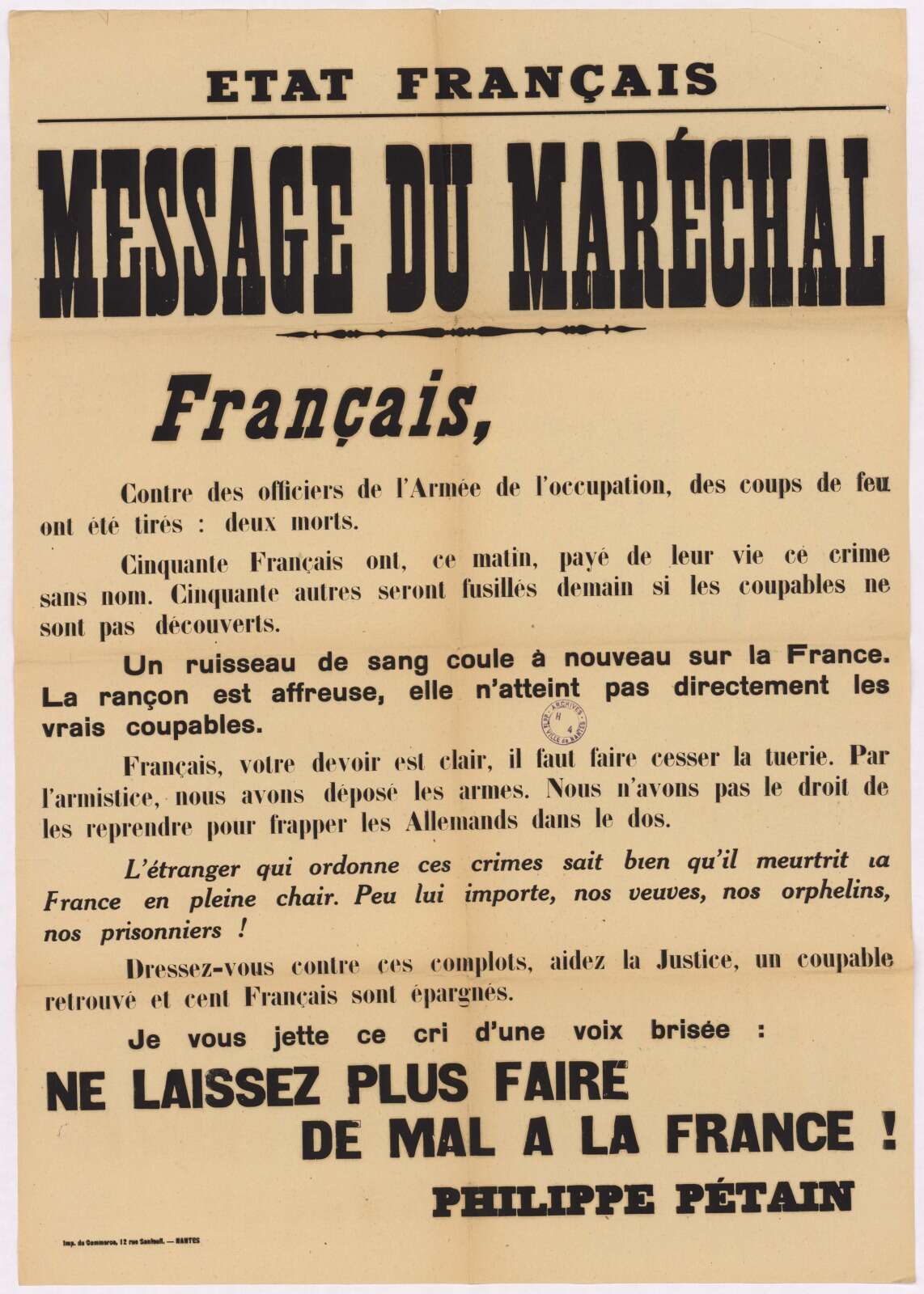 Message du maréchal Pétain adressé aux Français suite aux attentats perpétrés par des résistants à Nantes et Bordeaux