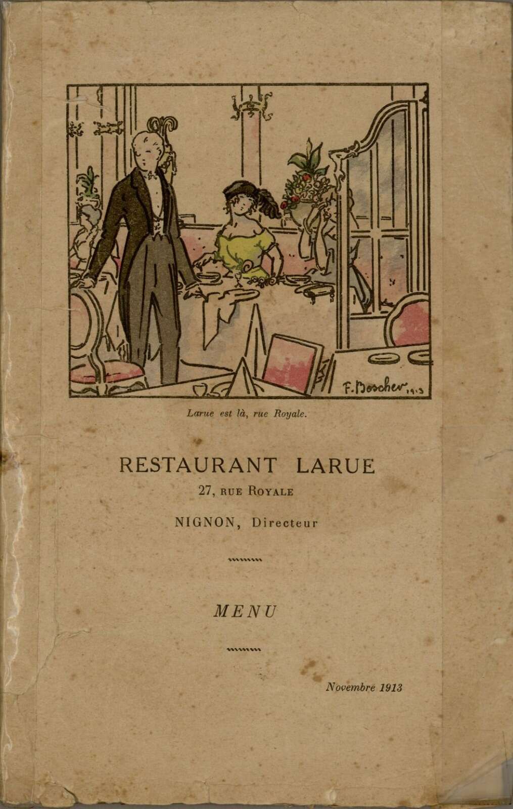 Page de garde du menu de novembre 1913 du restaurant Larue